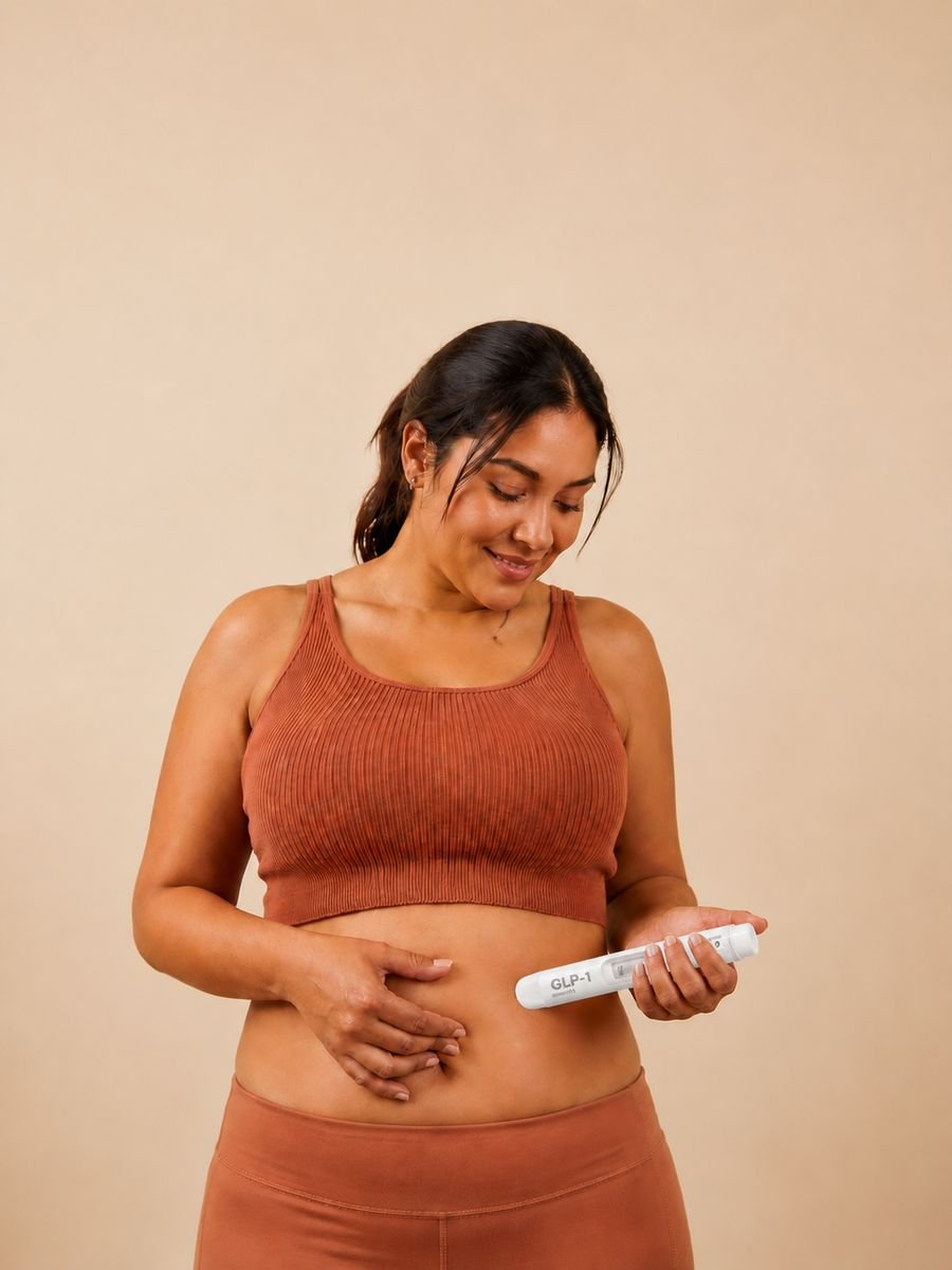 A woman holding a GLP-1 injector pen