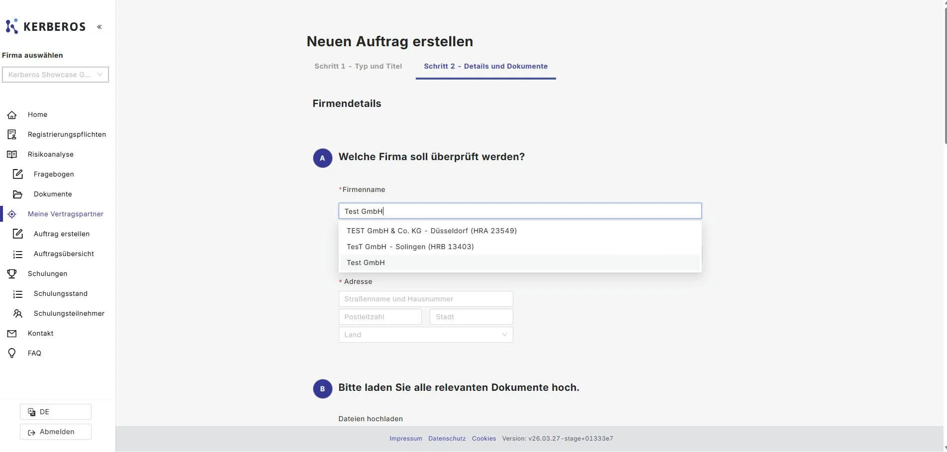 Eingabemaske für KYC/KYB-Checks AML desk