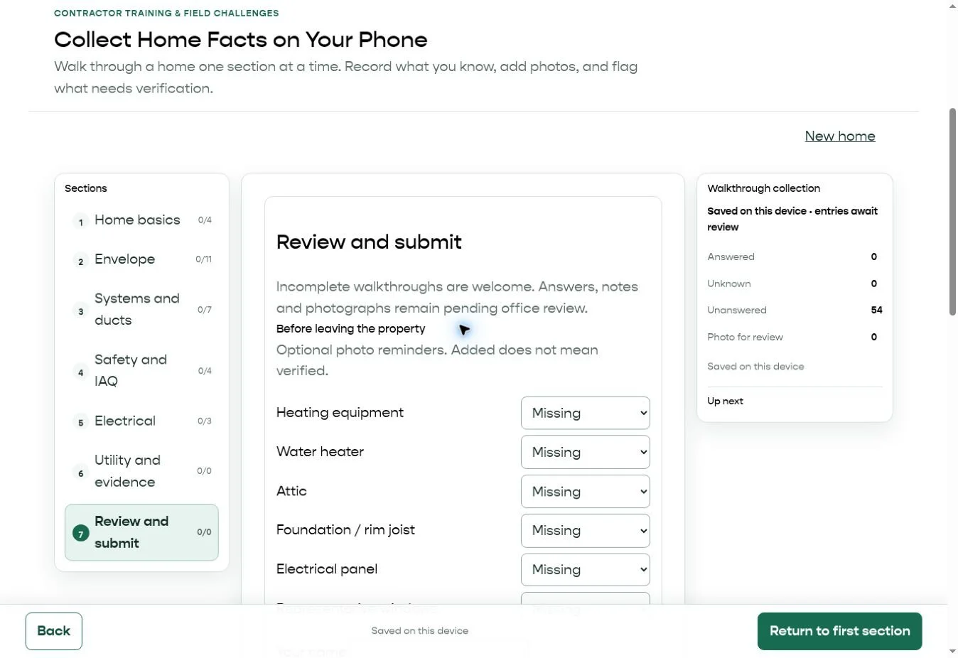 Development preview of the Home Facts Catcher walkthrough review and photo evidence categories.