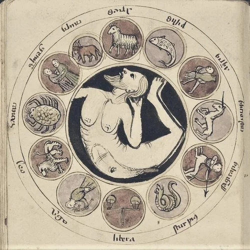Medieval manuscript roundel of the twelve signs of the zodiac around a central figure
