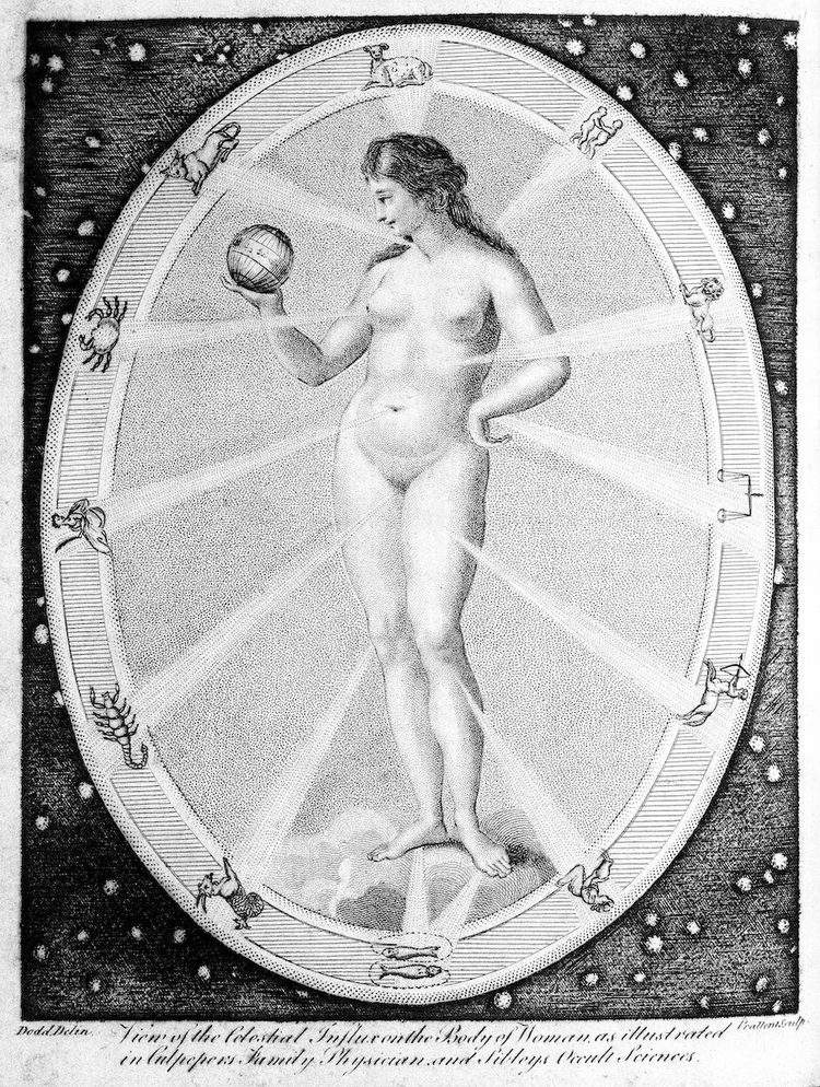 Eighteenth-century engraving of a woman within an oval of the zodiac signs, rays linking each sign to the part of the body it governs