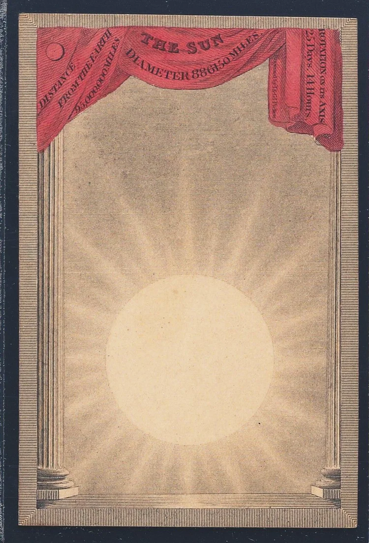 Antique astronomy card of the Sun, framed by a red curtain and two columns