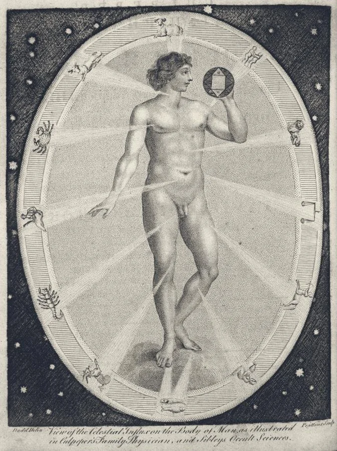 Eighteenth-century engraving of a man within an oval of the zodiac signs, rays linking each sign to the part of the body it governs