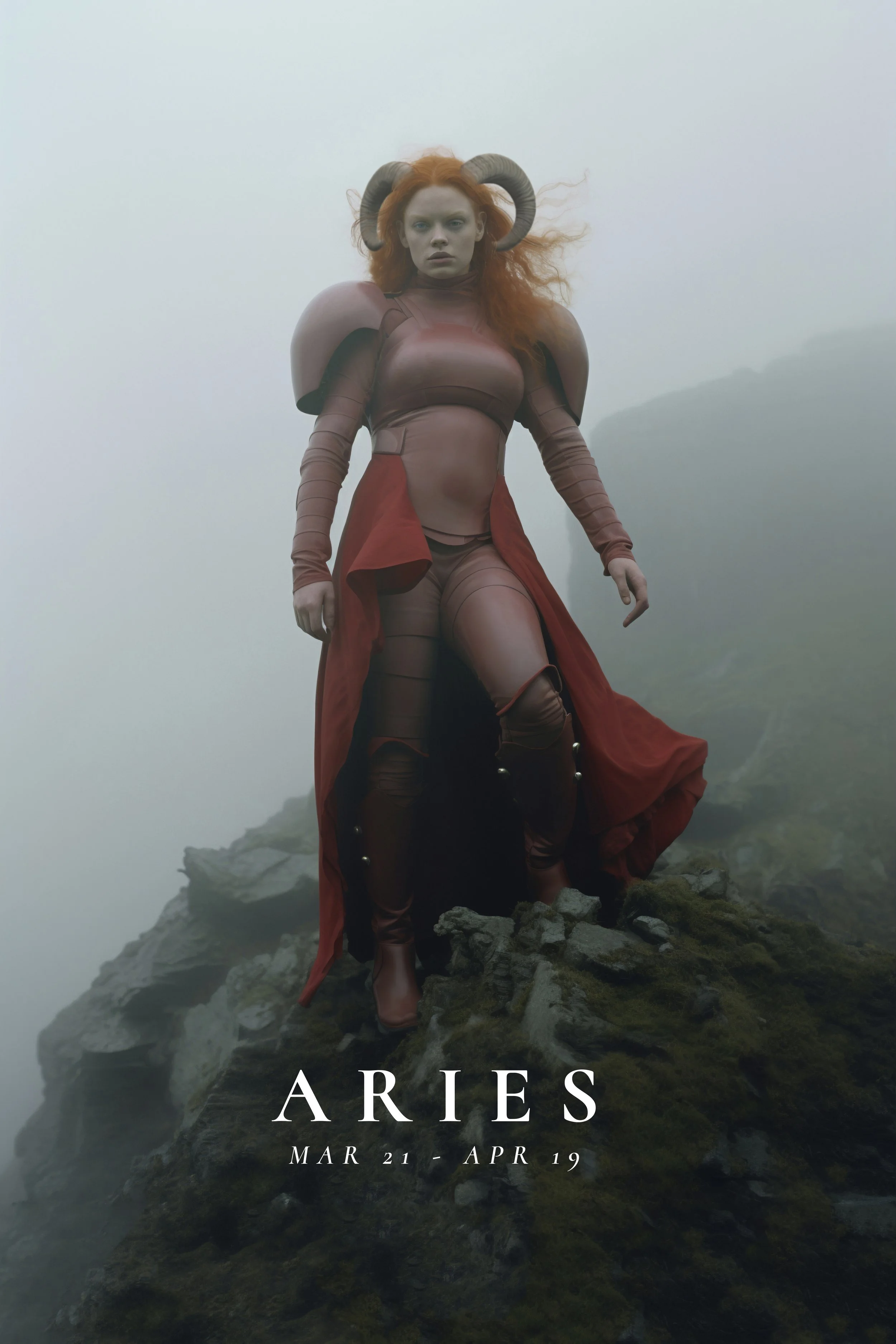 Aries warrior figure with ram horns standing on a misty mountaintop, representing Mars-ruled vitality and fire in medical astrology