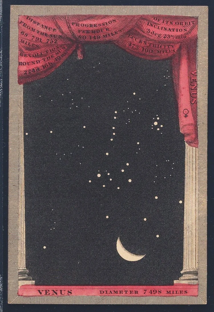 Antique astronomy card of Venus as a crescent in a starry sky, framed by a red curtain