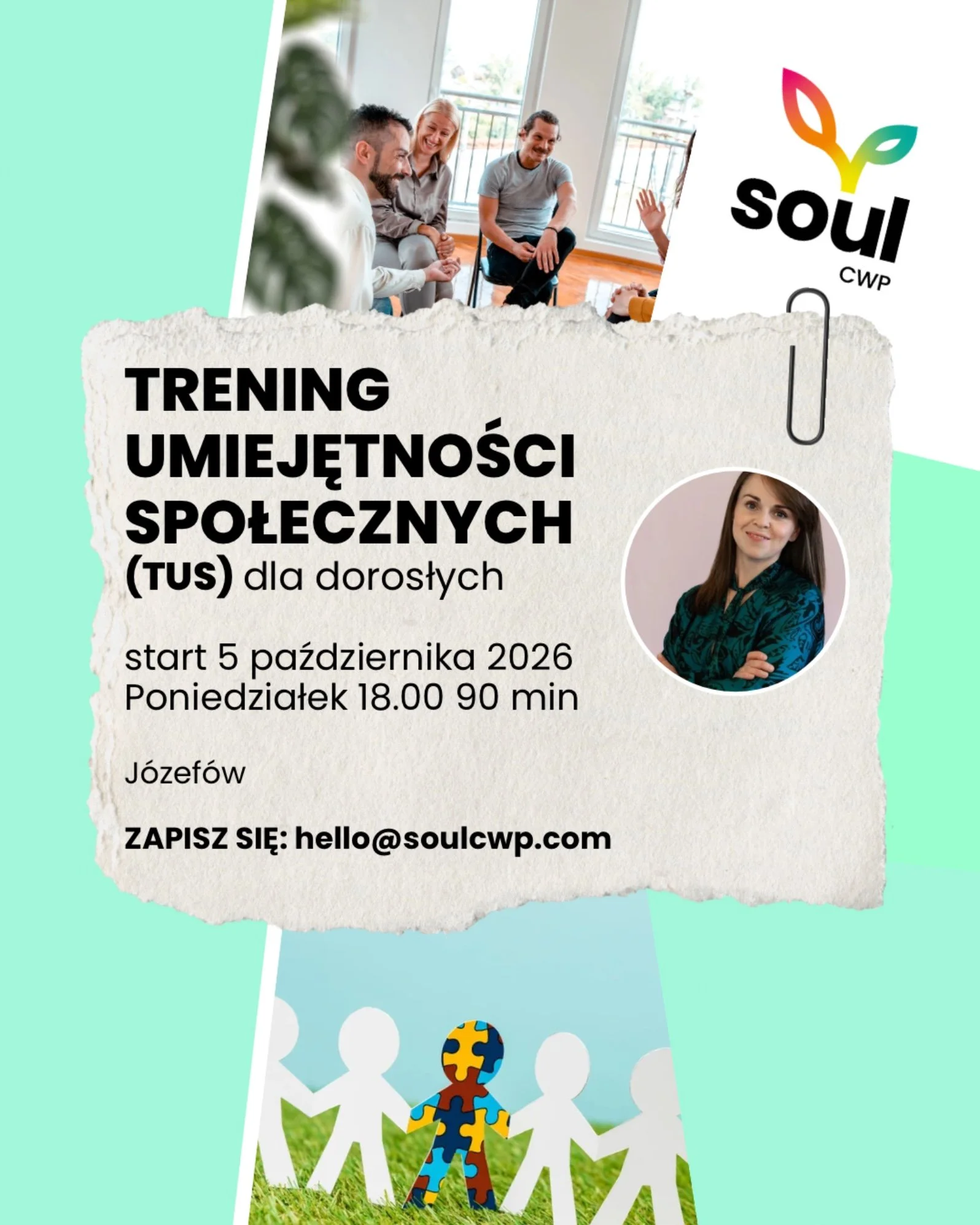 Plakat: Trening Umiejętności Społecznych (TUS) dla dorosłych, start 5 października 2026, poniedziałki 18:00, 90 minut, Józefów, prowadzi Katarzyna Gadomska, Soul CWP