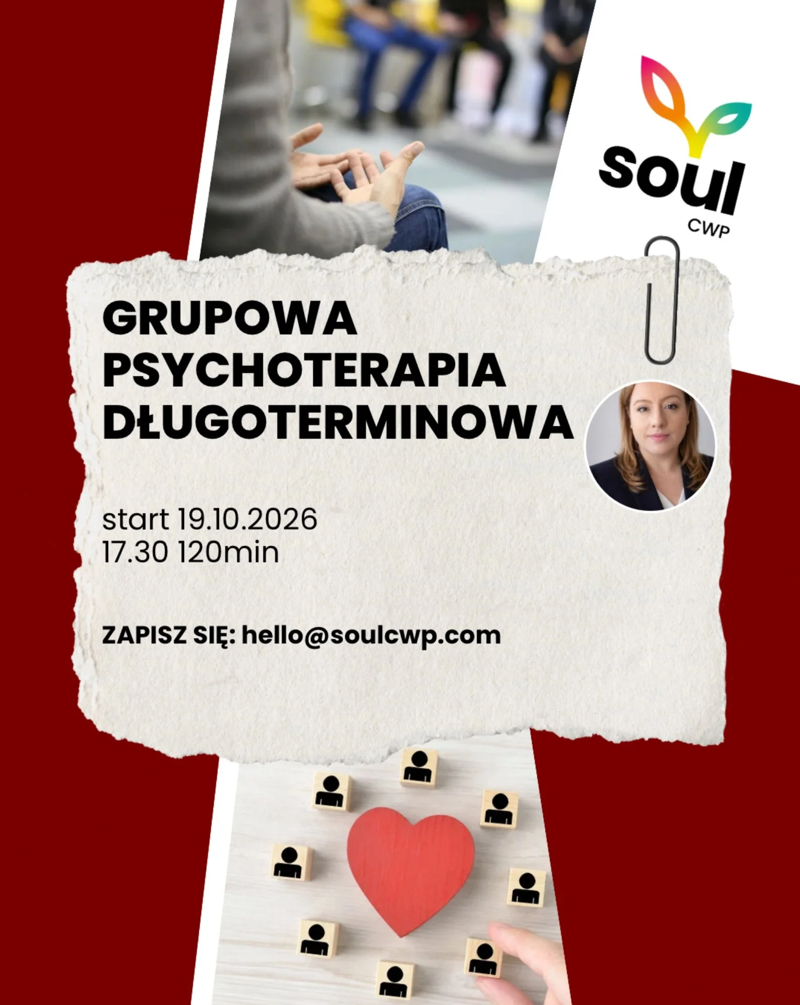 Plakat: Długoterminowa psychoterapia grupowa, start 19 października 2026, poniedziałki 17:30, 120 minut, Józefów, prowadzenie Aleksandra Sokołowska, Soul CWP