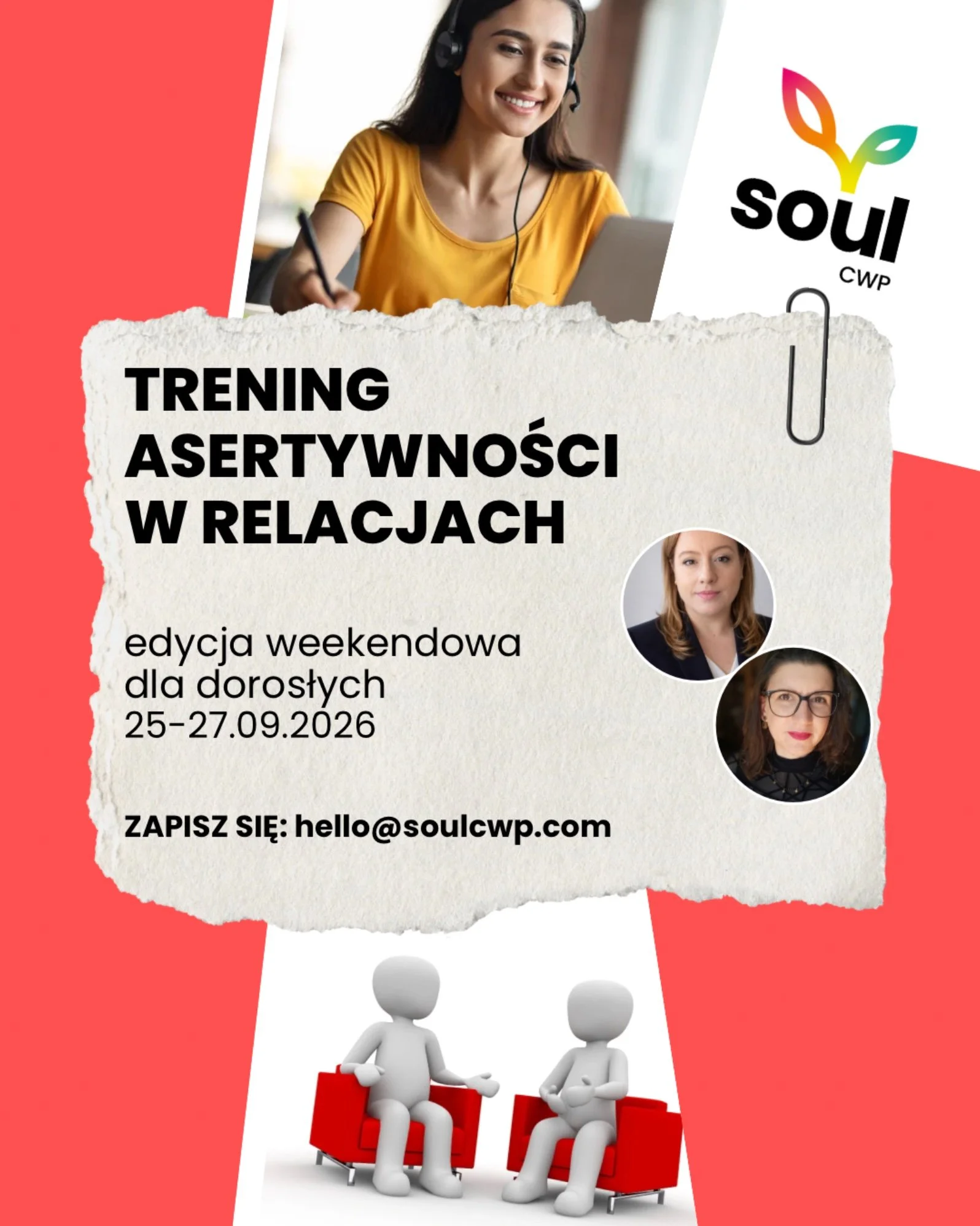 Plakat: Trening asertywności w relacjach, edycja weekendowa dla dorosłych, 25-27 września 2026, stacjonarnie w Józefowie, 18 godzin, prowadzą Aleksandra Sokołowska i Iga Grzegorczyk, Soul CWP