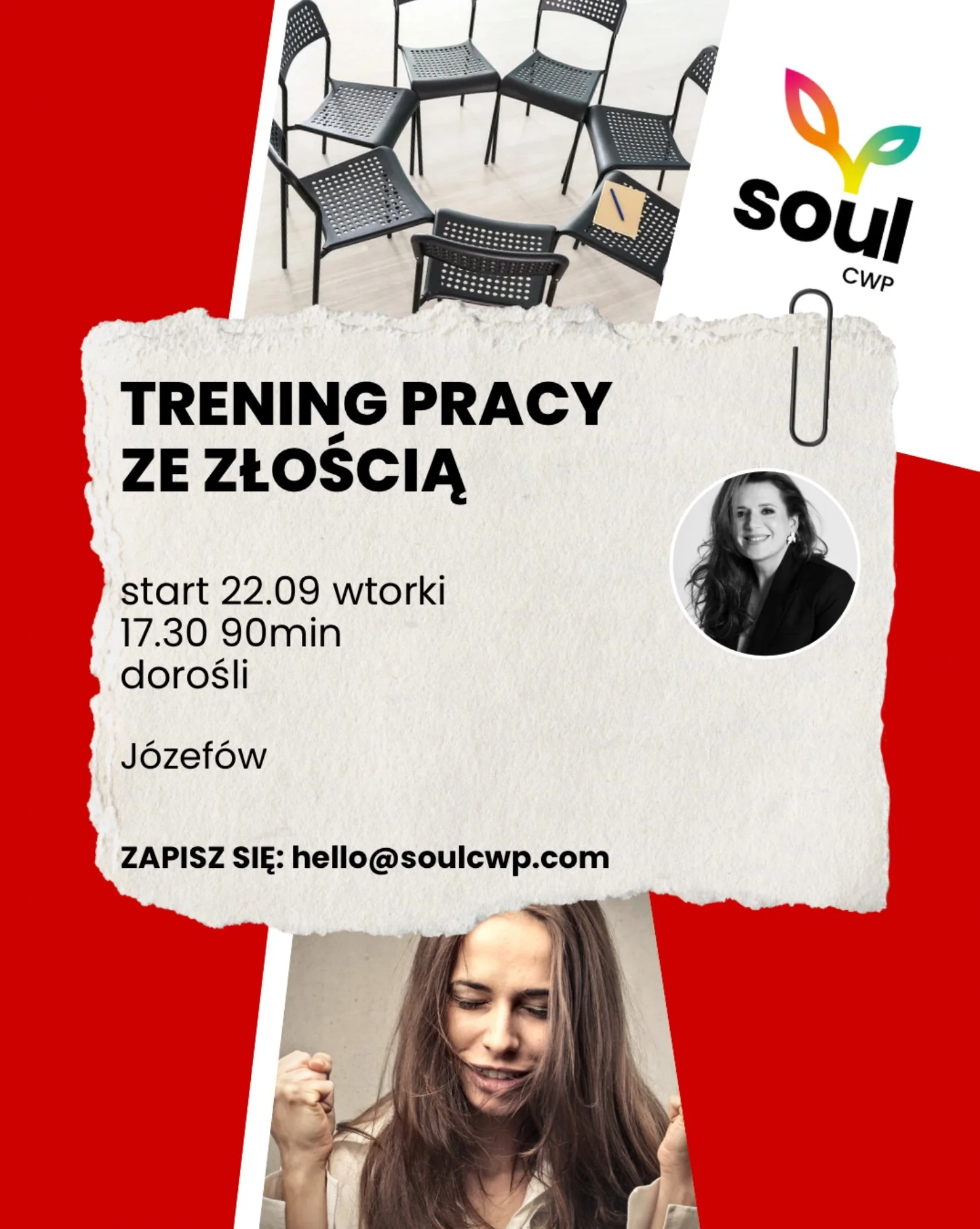 Plakat: Trening pracy ze złością, 12-tygodniowy trening stacjonarny dla dorosłych, start 22 września 2026, wtorki 17:30, 90 minut, Józefów, prowadzi Agata Wójcik, Soul CWP