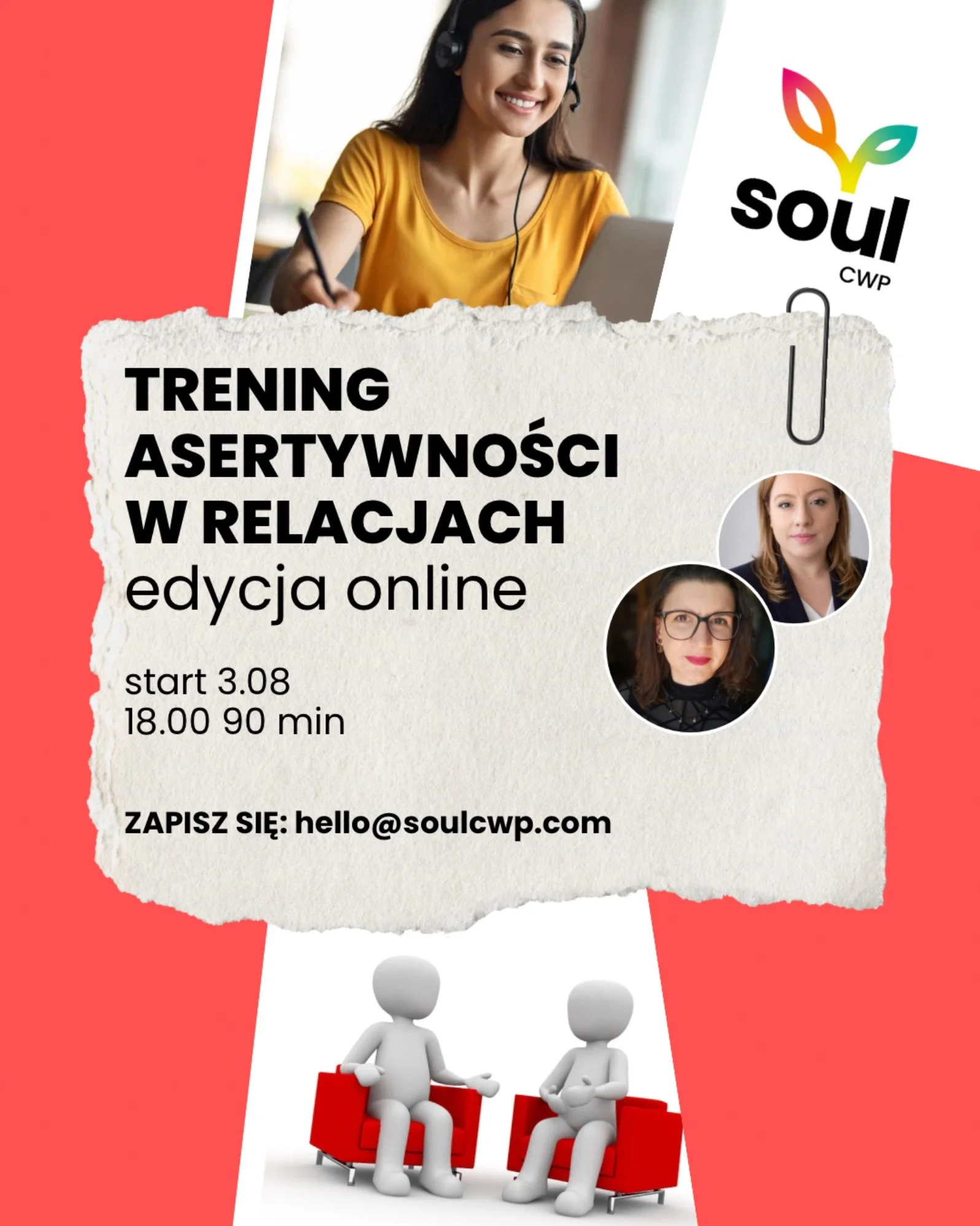 Plakat: Trening asertywności w relacjach - edycja online, start 3 sierpnia 2026, poniedziałki 18:00, 12 spotkań, prowadzą Aleksandra Sokołowska i Iga Grzegorczyk, Soul CWP