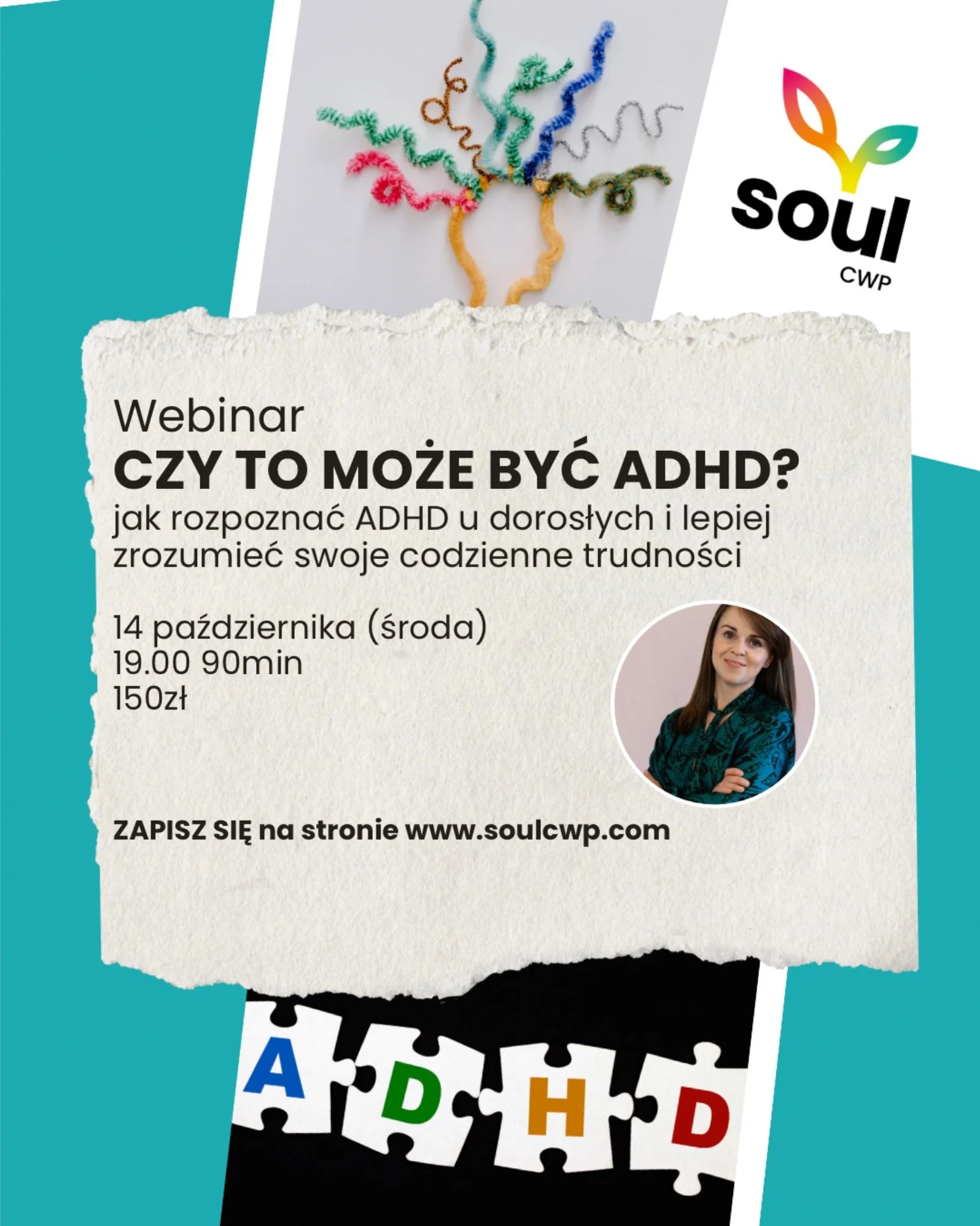 Plakat: Webinar Czy to może być ADHD, jak rozpoznać ADHD u dorosłych i lepiej zrozumieć swoje codzienne trudności, 14 października 2026, środa 19:00, 90 minut, online, 150 zł, prowadzi Katarzyna Gadomska, Soul CWP