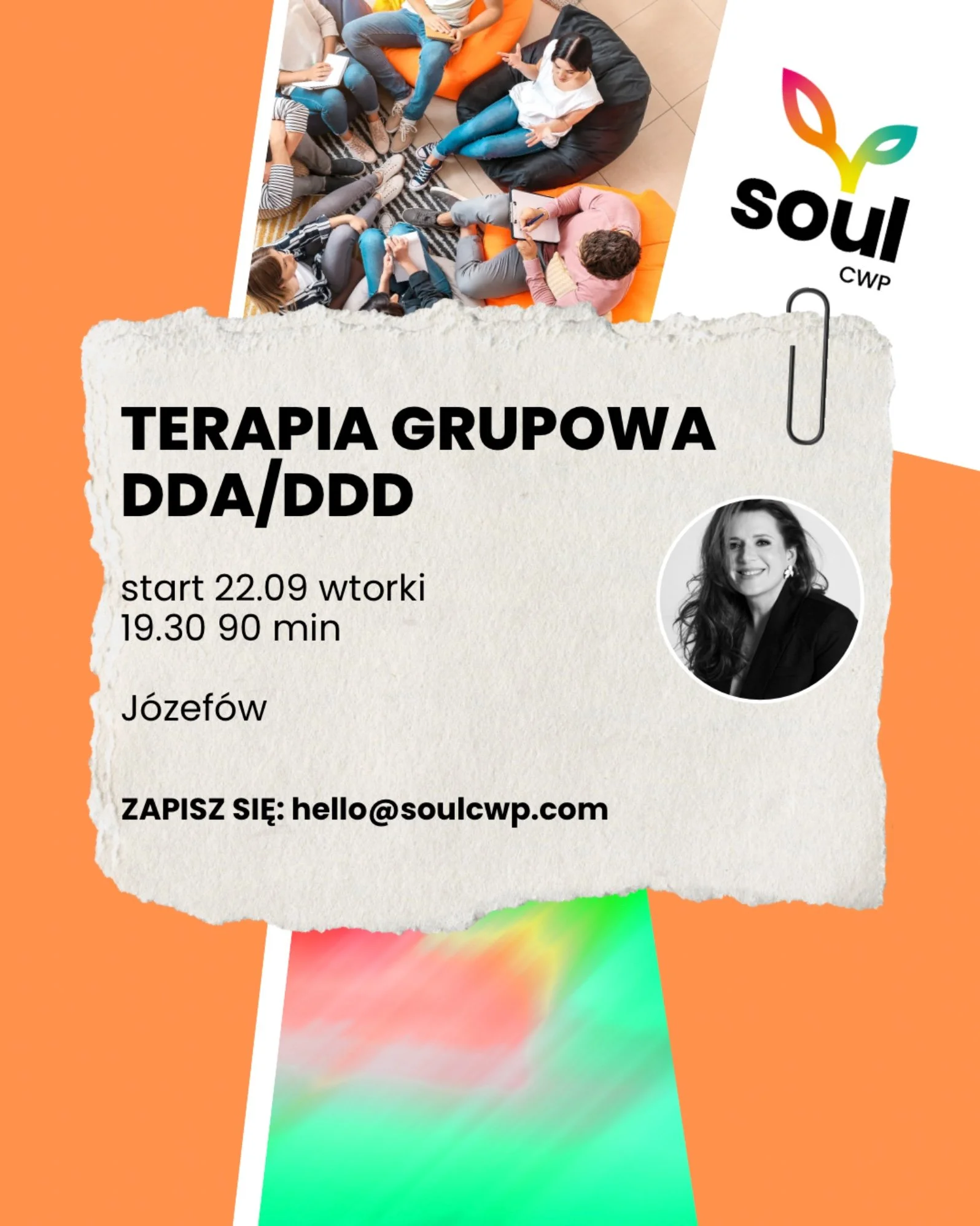 Plakat: Terapia grupowa DDA / DDD, start 22 września 2026, wtorki 19:30, 90 minut, Józefów, prowadzenie Agata Wójcik, Soul CWP