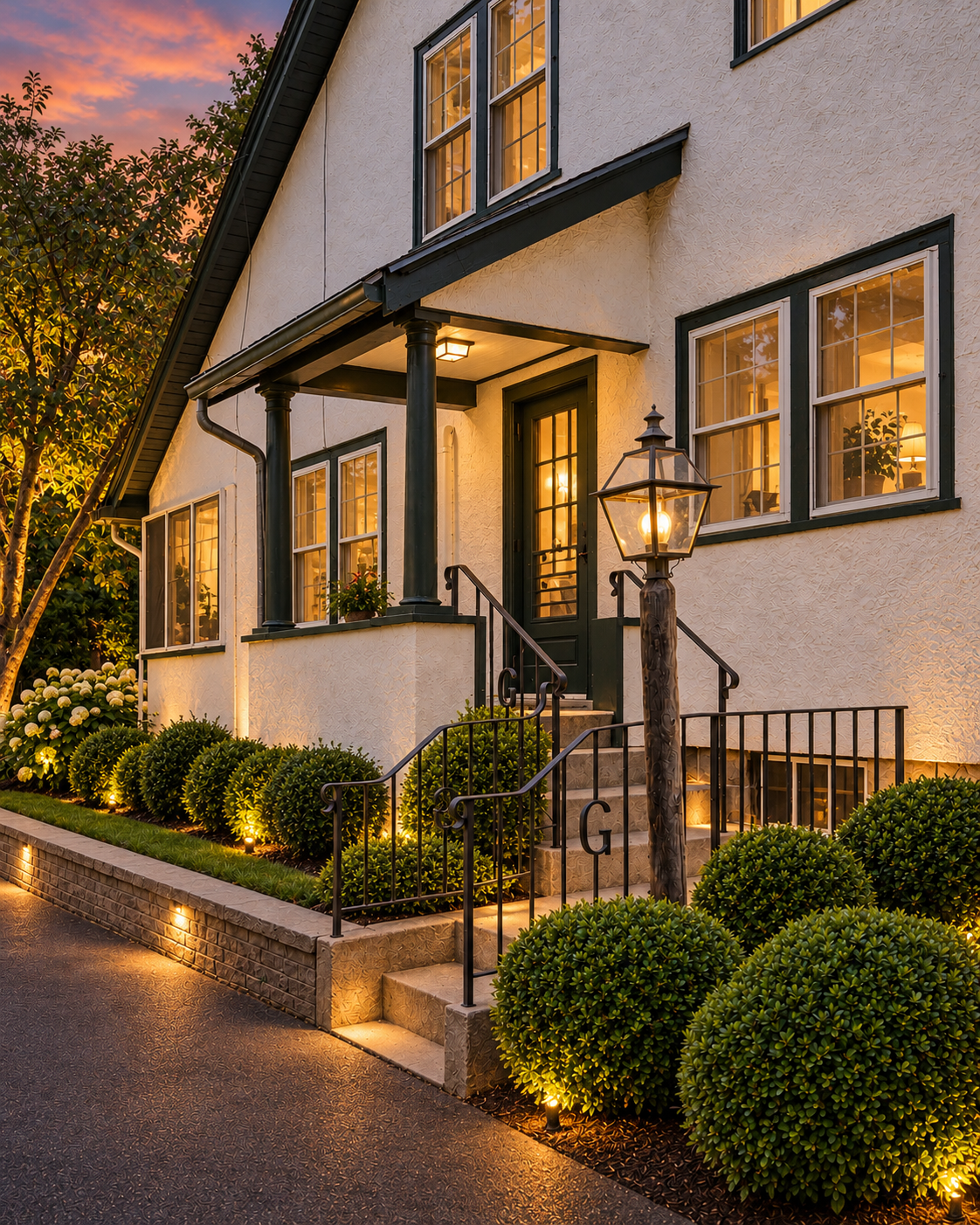 The front entry at dusk (digitally enhanced rendering)