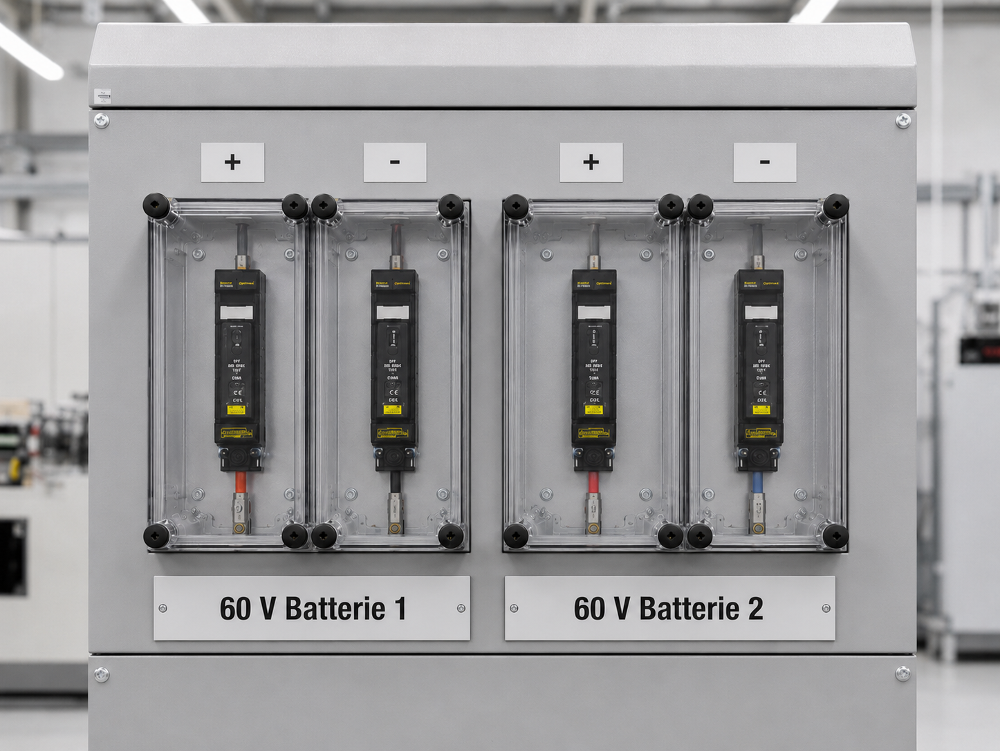 Schaltschrankkennzeichnung mit gravierten Schildern für Batteriestränge