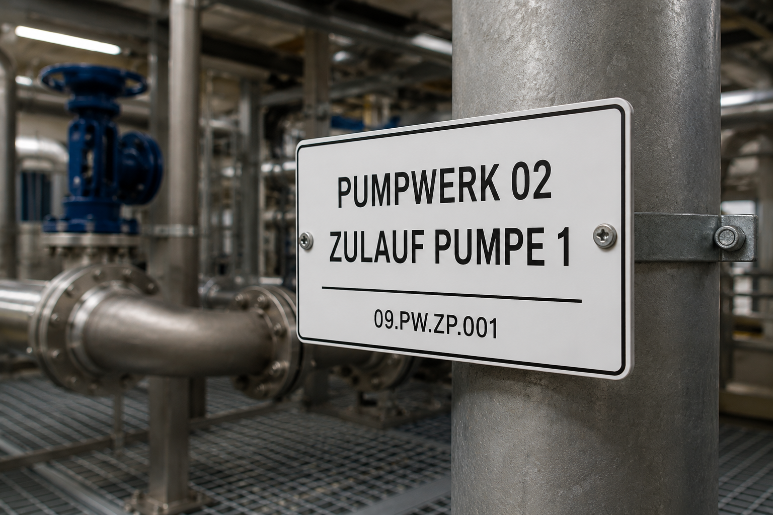 Graviertes weißes Schild für Anlagenkennzeichnung in industrieller Umgebung