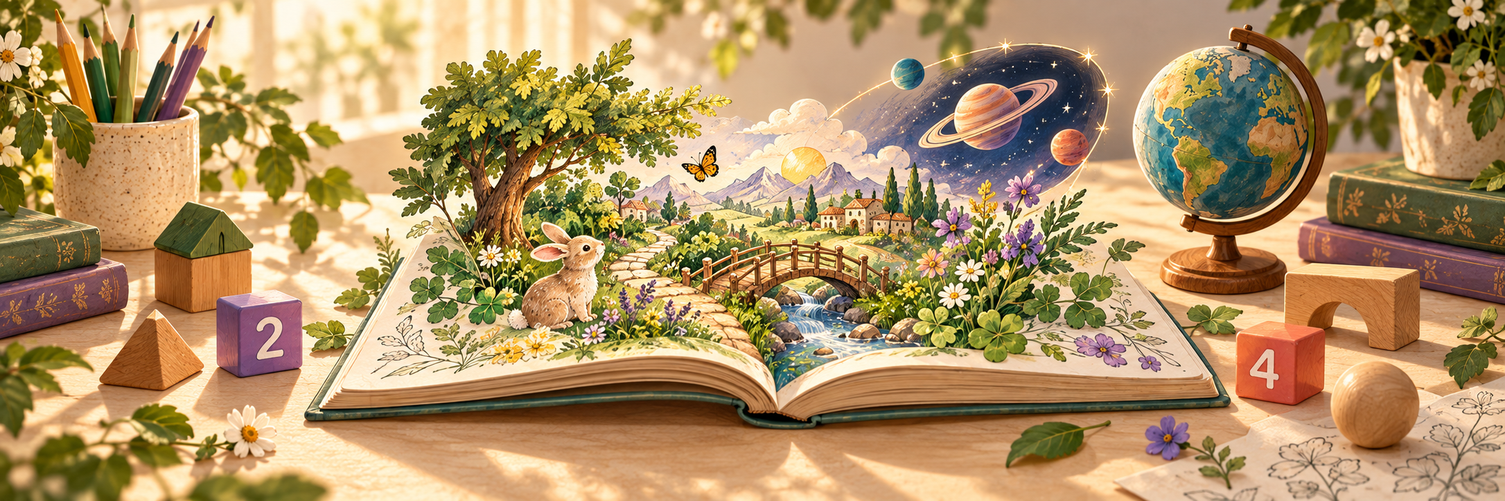 An illustrated book opens into a world of art, nature, numbers, and cosmic discovery