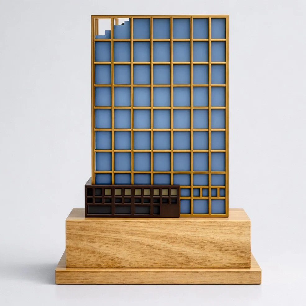 Blue and gold architectural facade model on a stepped natural wood base.