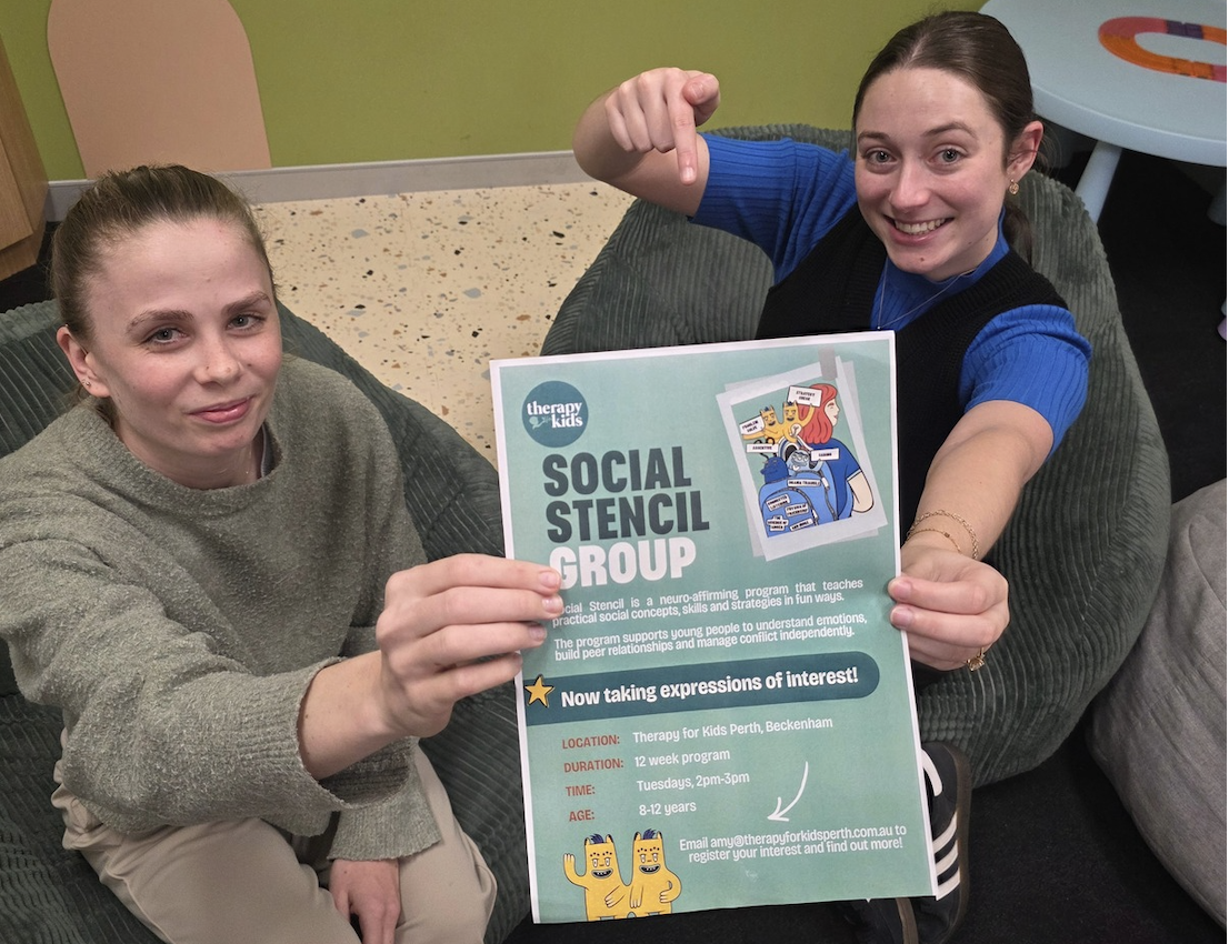 Therapy for Kids Perth clinicians holding the Social Stencil Group flyer
