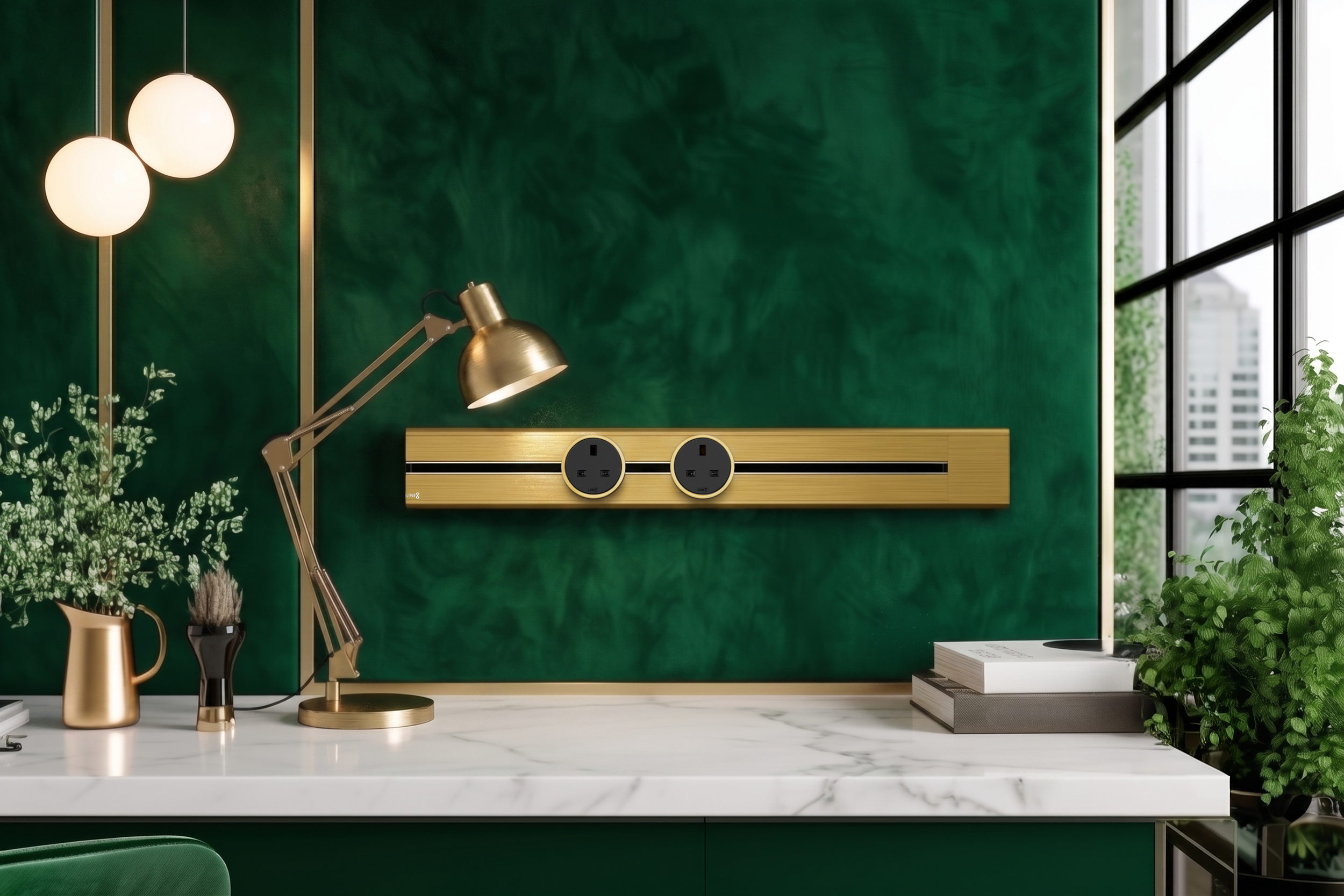 Line8 Model SL power track in Gold Hairline finish — a discontinued limited edition. Mounted against a textured emerald green accent wall with gold trim, above a polished white marble desktop styled with a gold architect desk lamp, stacked books, and greenery.