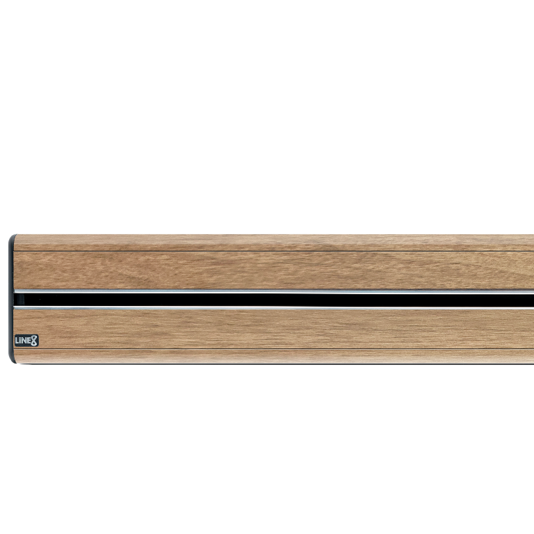 Burmese Teak — Line8 power track finish. Honey-warm wood, artisanal depth.