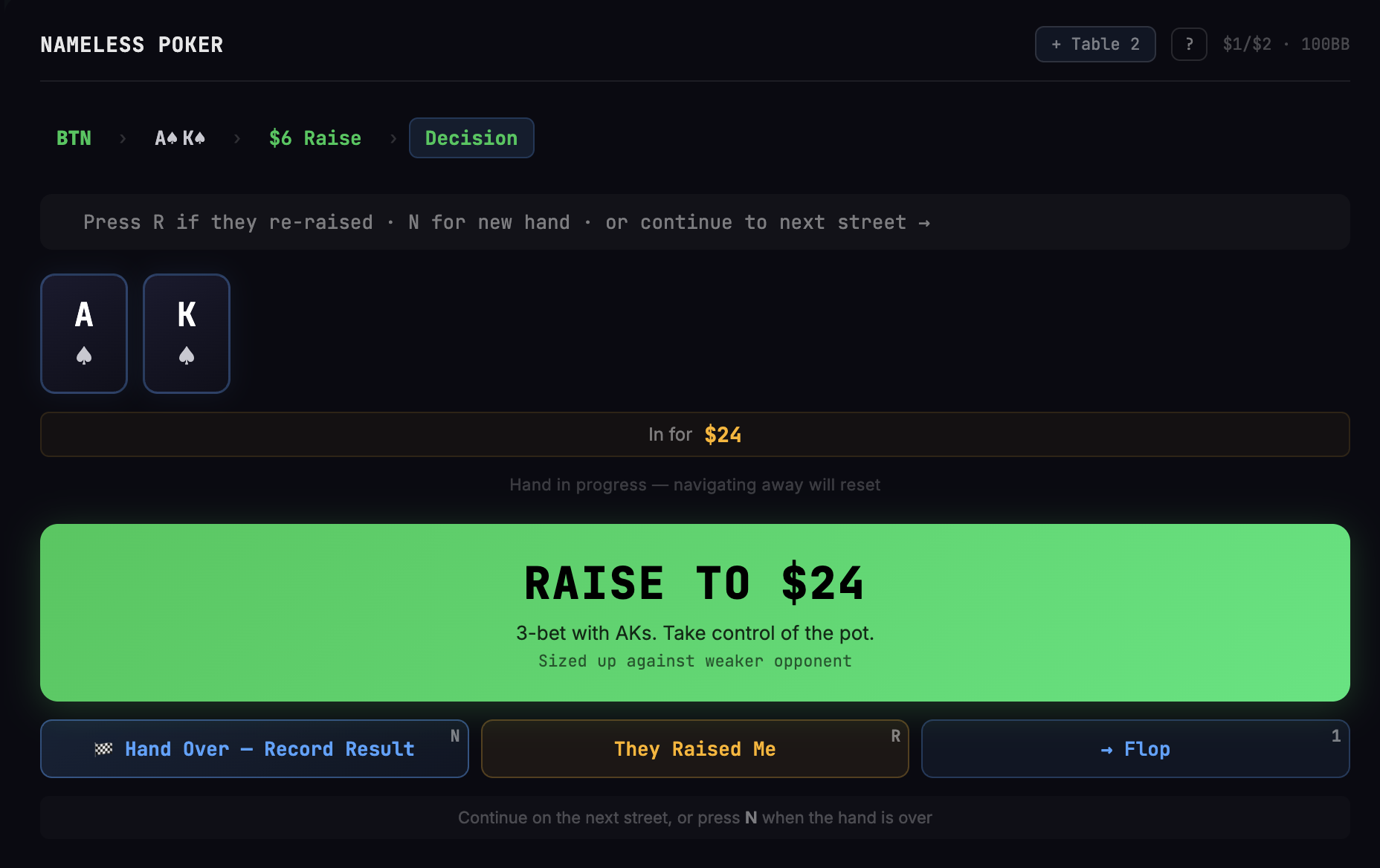 Nameless Poker — RAISE TO $24 with AKs