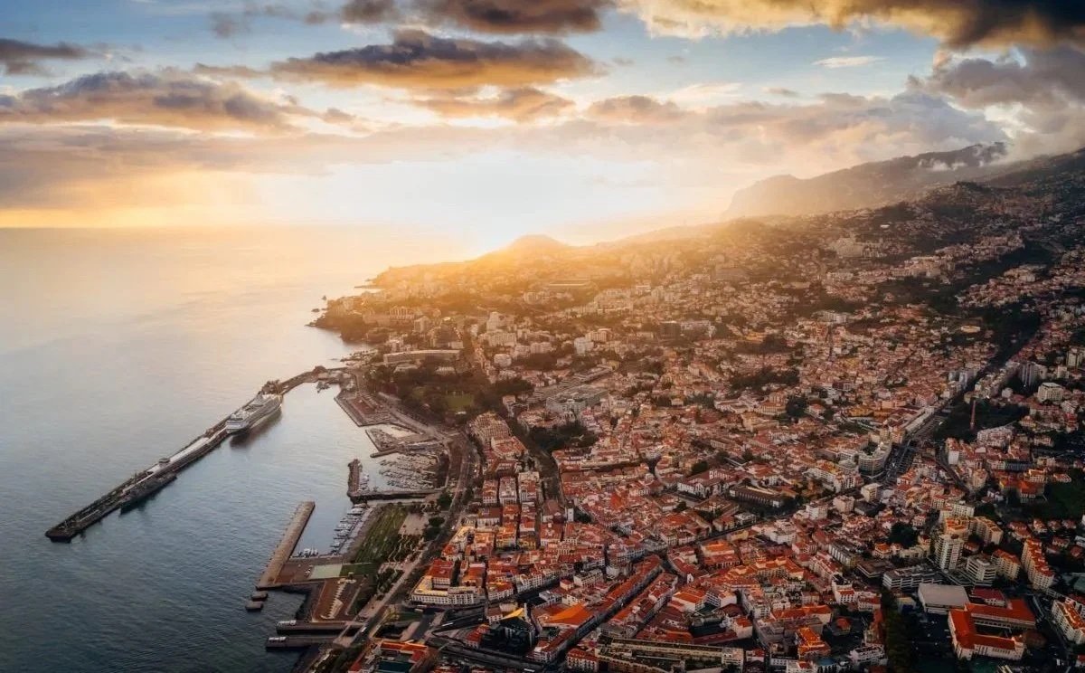 Funchal seen from above, looking out across the bay