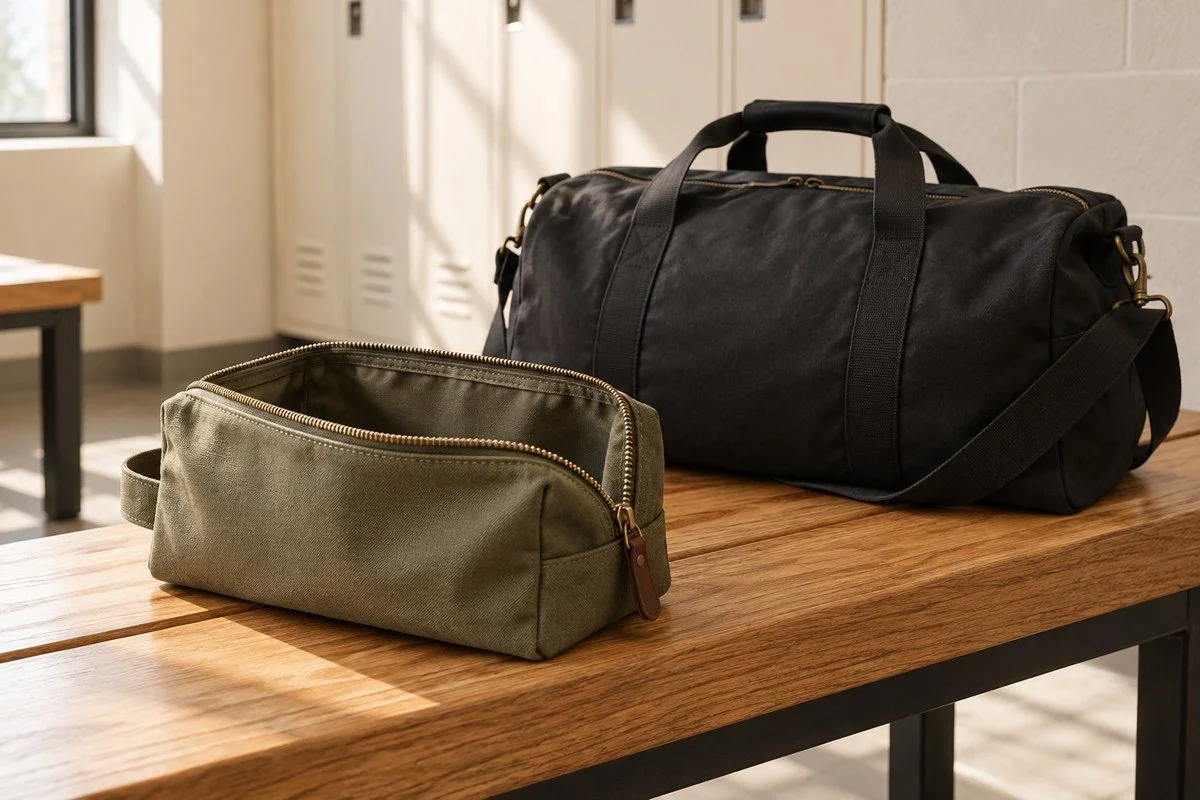 An open toiletry pouch with space left beside a gym bag.