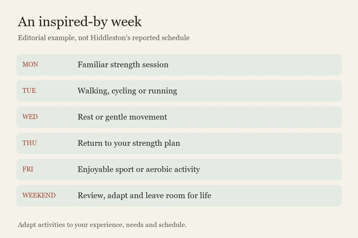 Editorial weekly outline with strength, aerobic activity, rest and a weekend review.