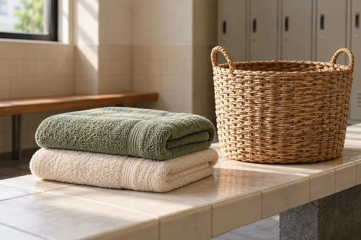 A folded clean towel beside an unbranded water bottle.