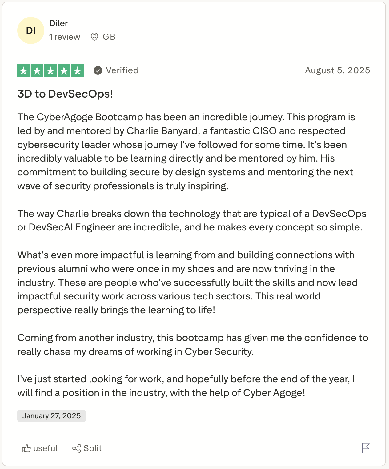 5-star review: DevSecOps bootcamp graduate testimonial