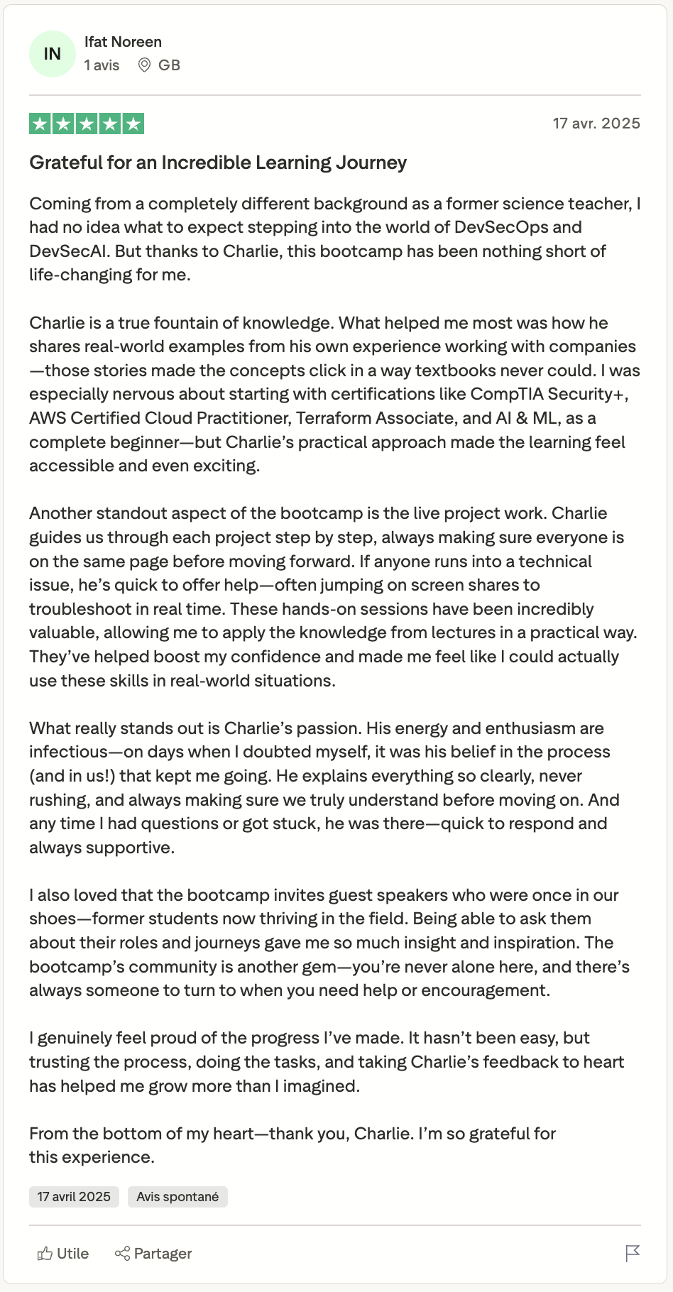 5-star review: DevSecOps bootcamp graduate testimonial