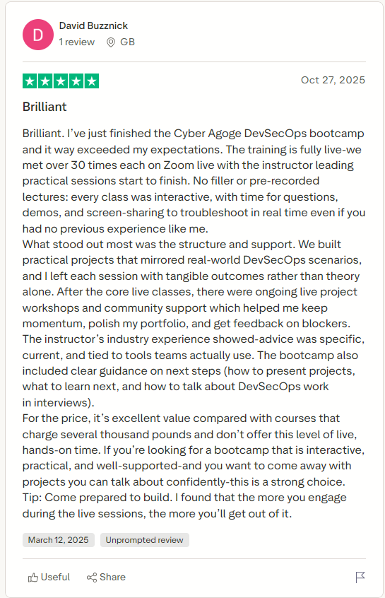 Trustpilot 5-star review: Brilliant DevSecOps bootcamp exceeded expectations