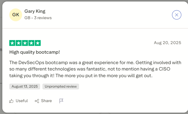 Trustpilot 5-star review from Gary King: High quality DevSecOps bootcamp with CISO