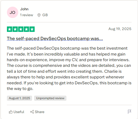 Trustpilot 5-star review: Self-paced DevSecOps bootcamp was the best investment