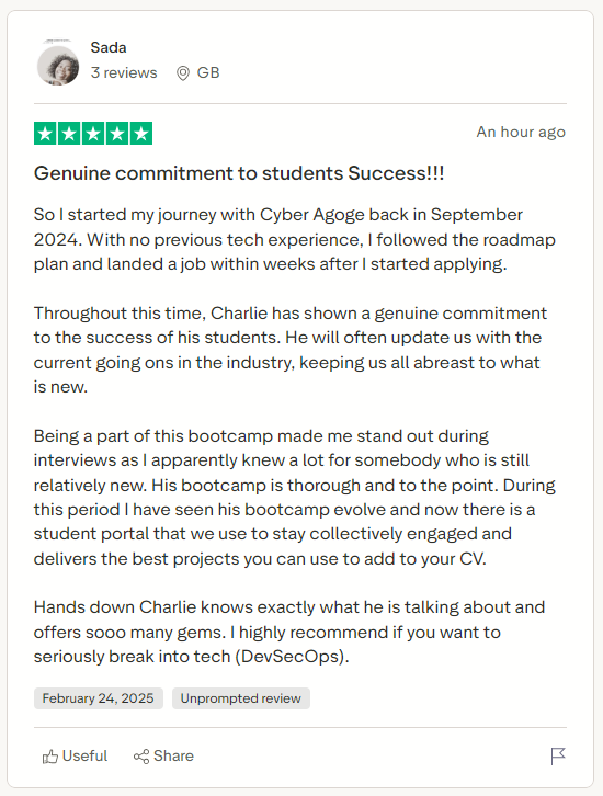 5-star review: DevSecOps bootcamp graduate testimonial