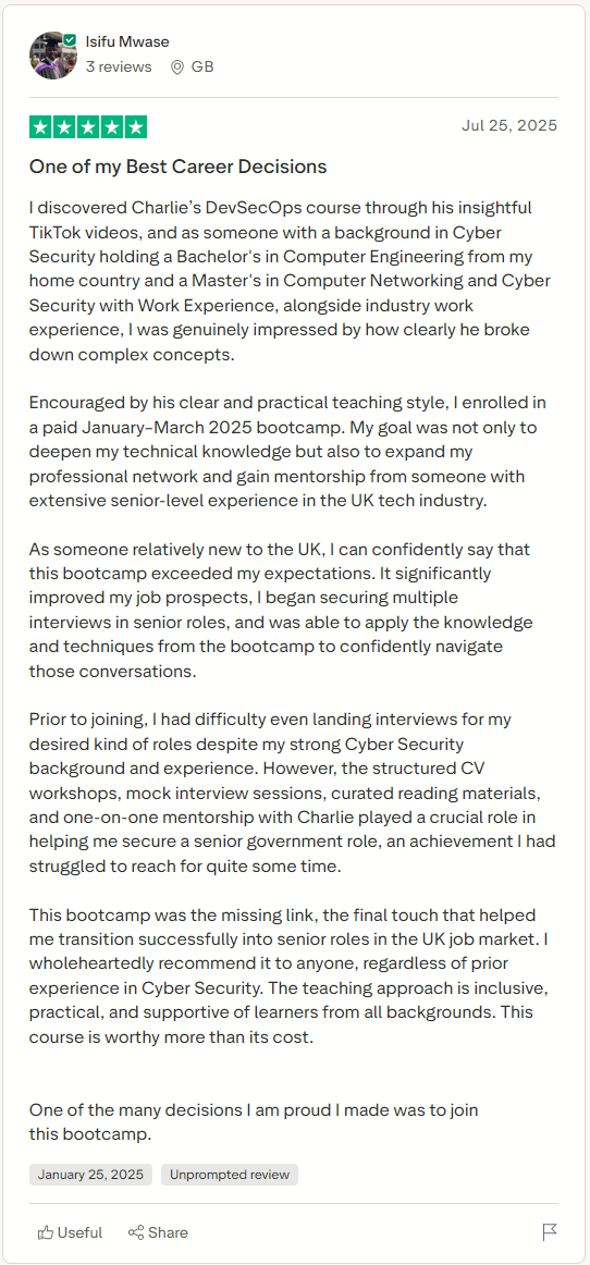 Trustpilot 5-star review: One of my best career decisions