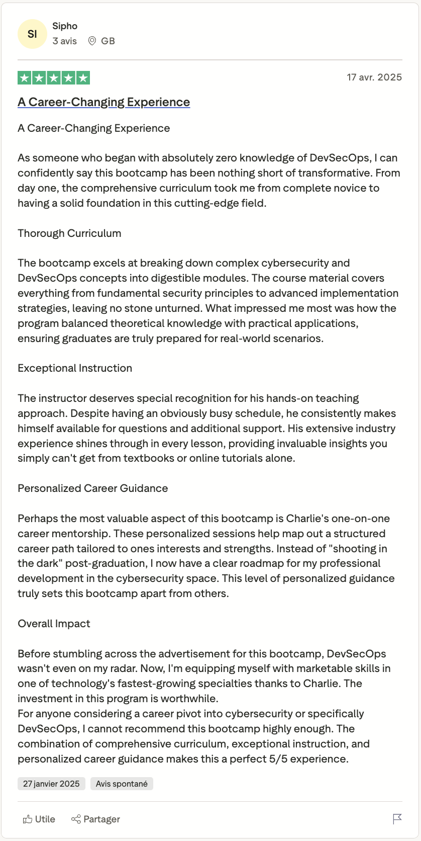 5-star review: DevSecOps bootcamp graduate testimonial