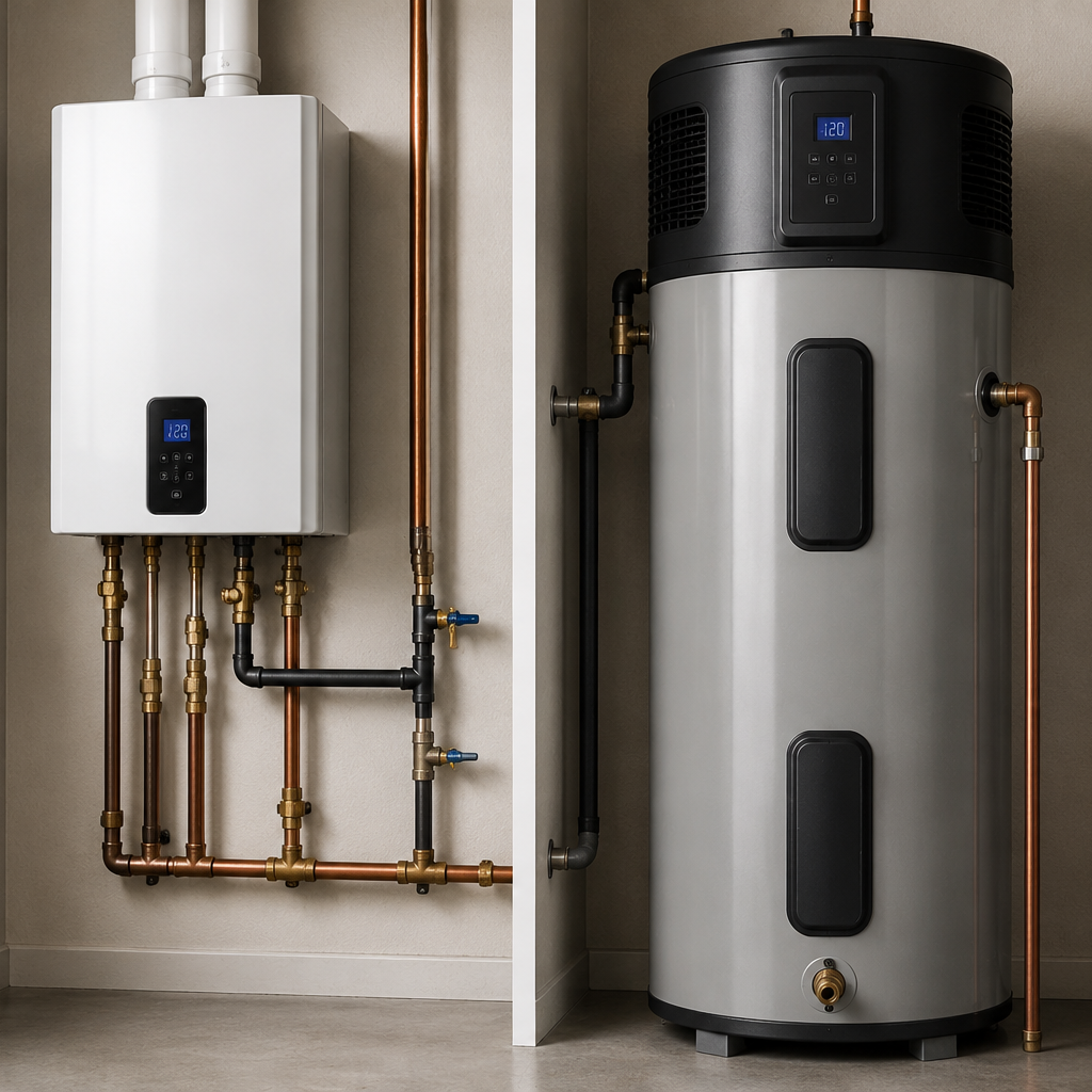 modern tankless water heater installed on interior wall