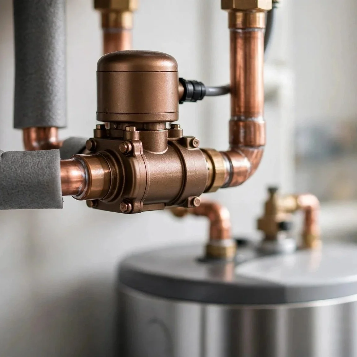 copper hot water recirculation pump installed under kitchen sink
