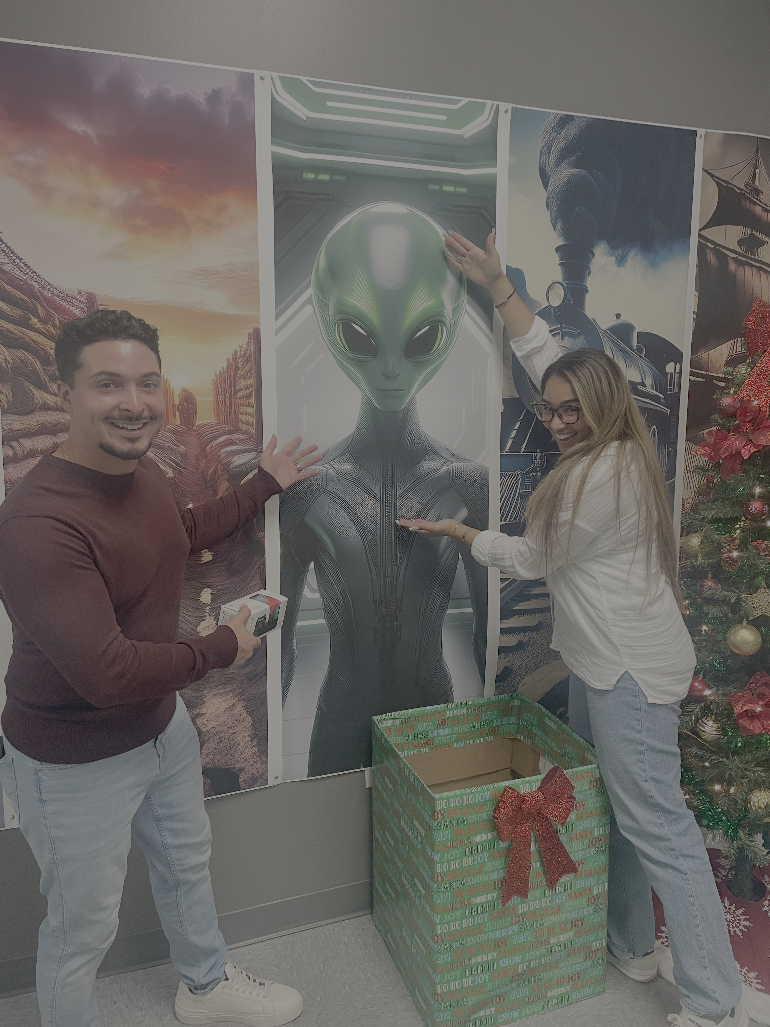 Close-up of Christmas prize items and blind boxes on display