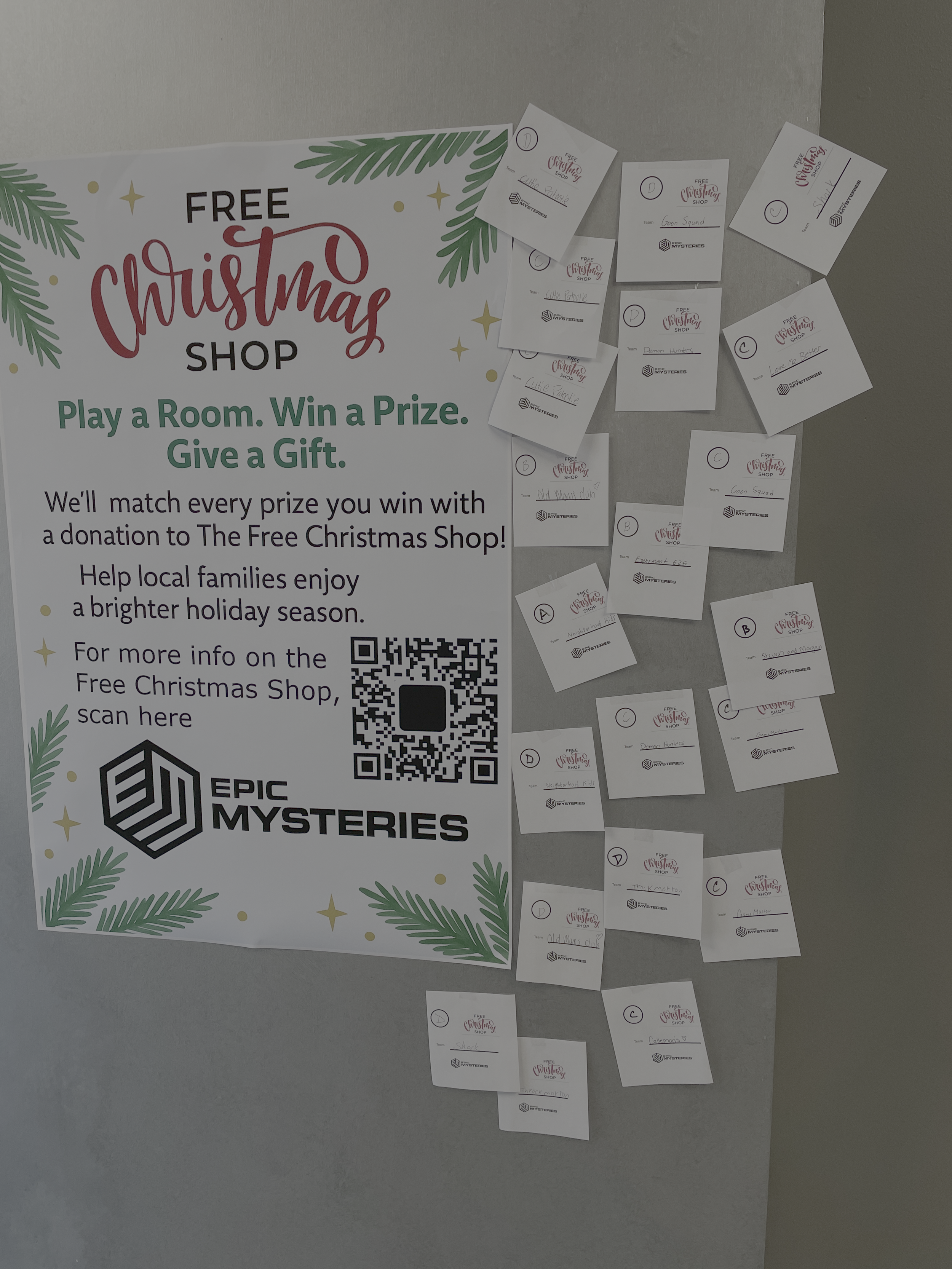 Epic Mysteries donation board showing prizes matched to gifts for The Free Christmas Shop