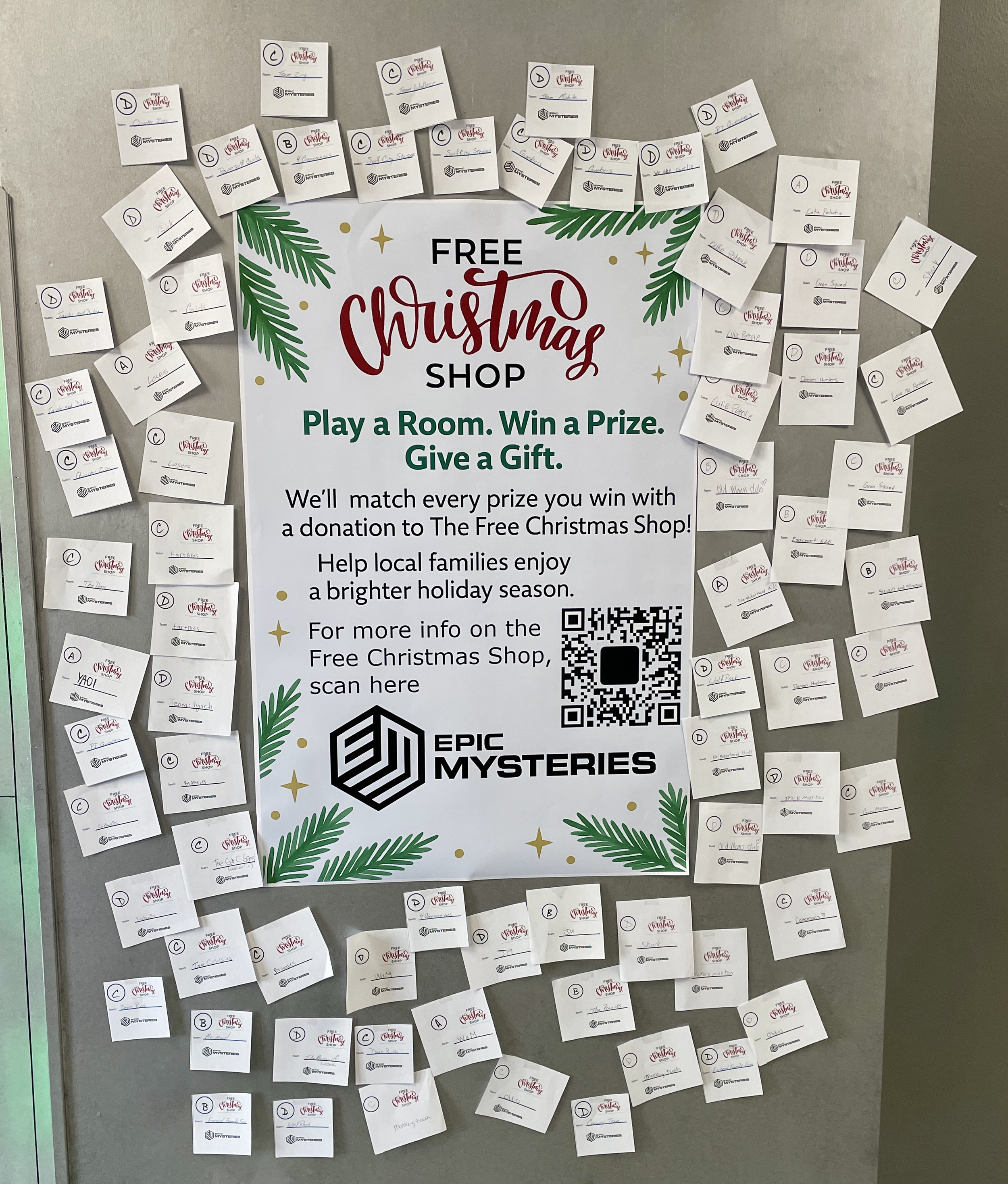 Epic Mysteries donation board showing prizes matched to gifts for The Free Christmas Shop
