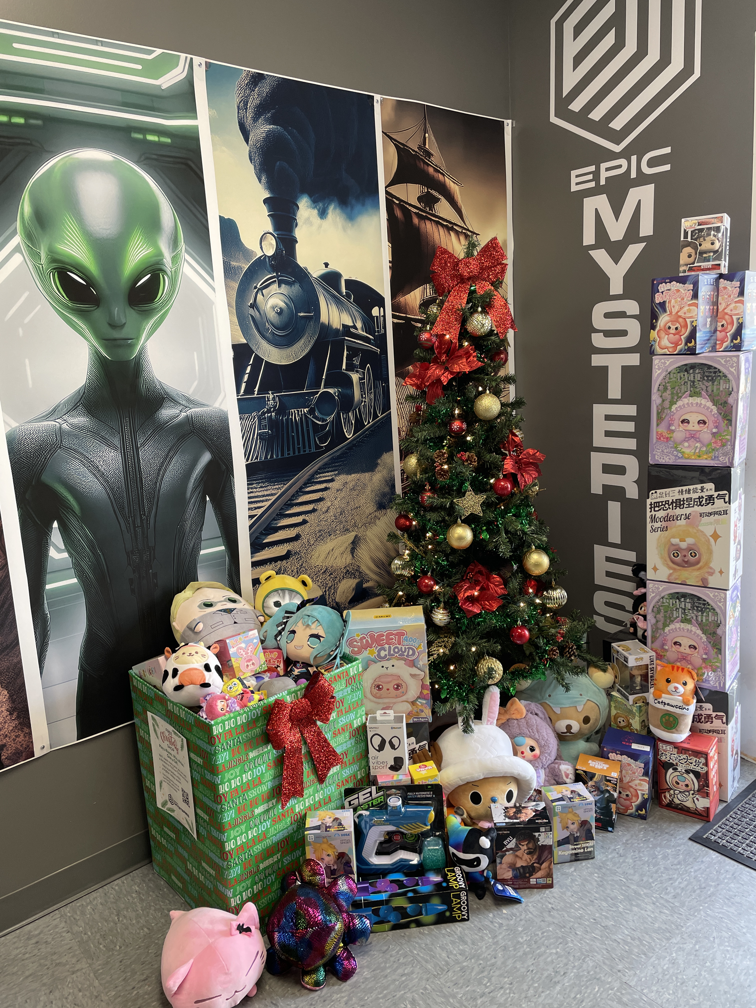 Display of prizes available for the Christmas Gift Giveaway at Epic Mysteries