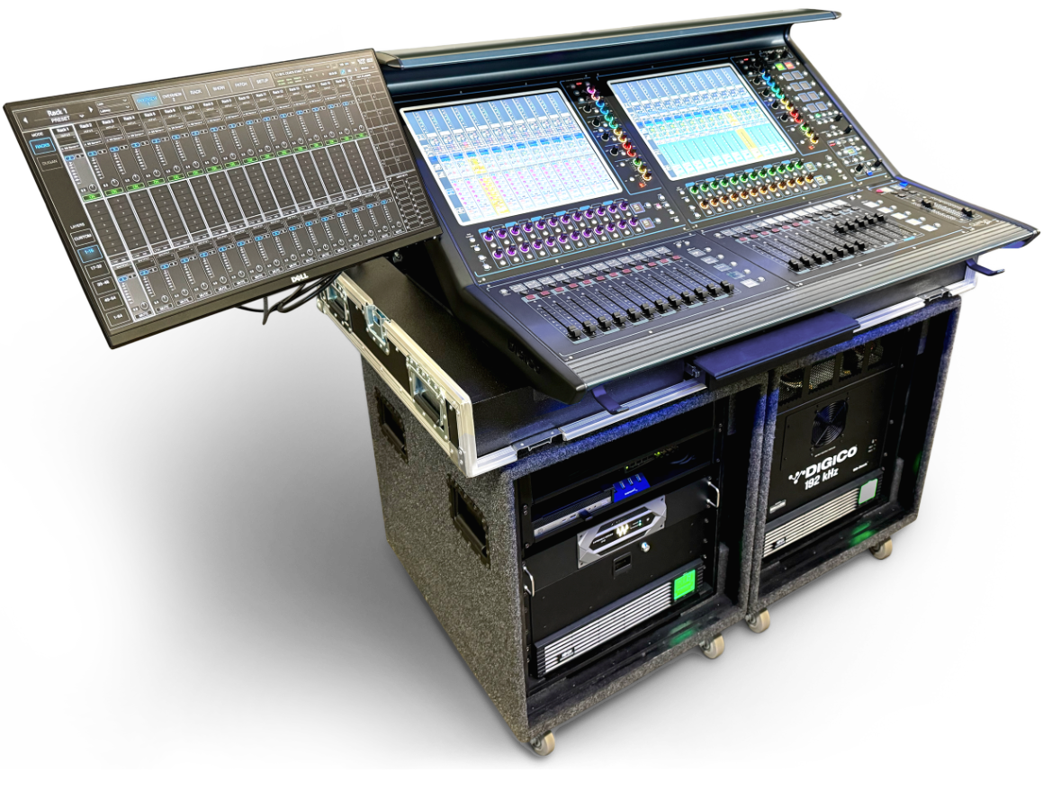 DiGiCo Quantum 326 mixing console on a road case