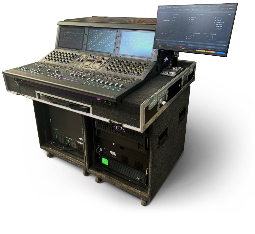 Avid Venue S6L 24D mixing console with monitor on a road case