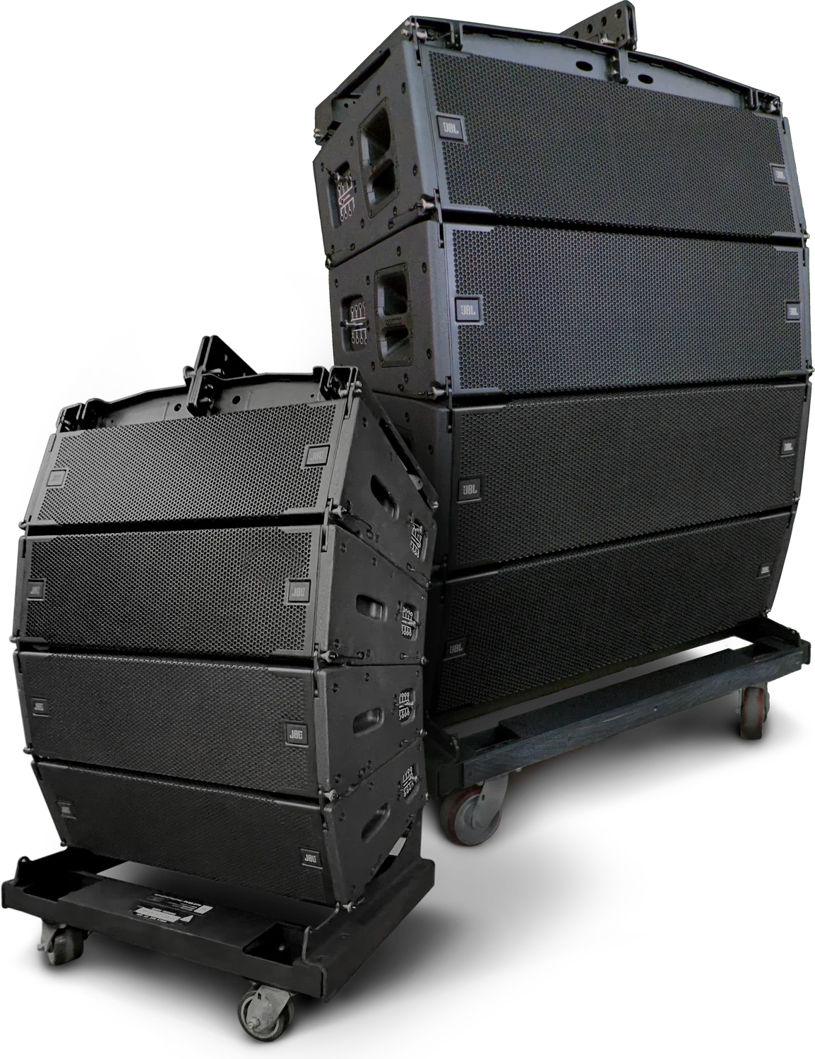 JBL VTX A12 and A8 line array cabinets stacked on transport carts
