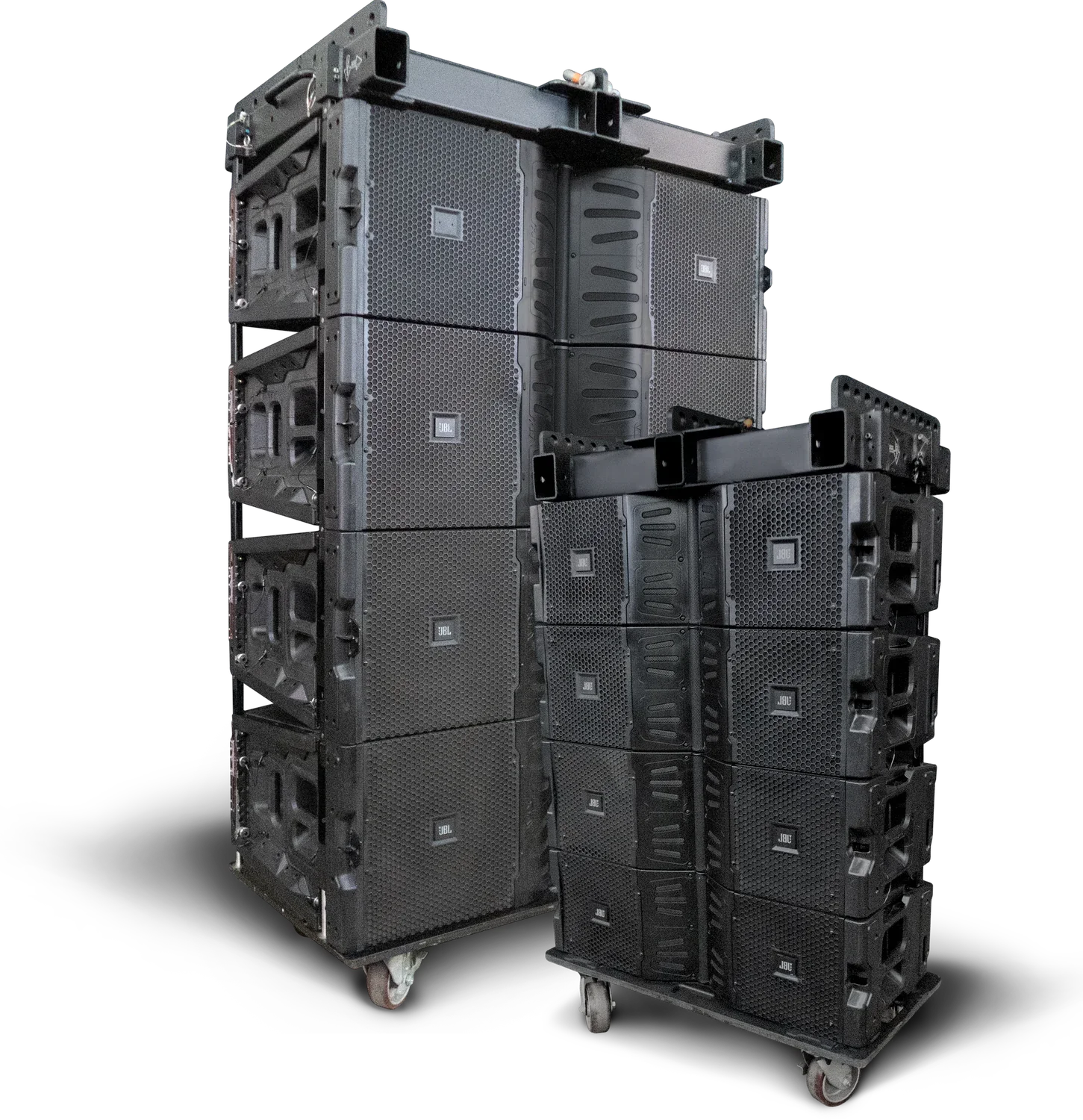 JBL VTX V25 and V20 line array stacks on transport carts
