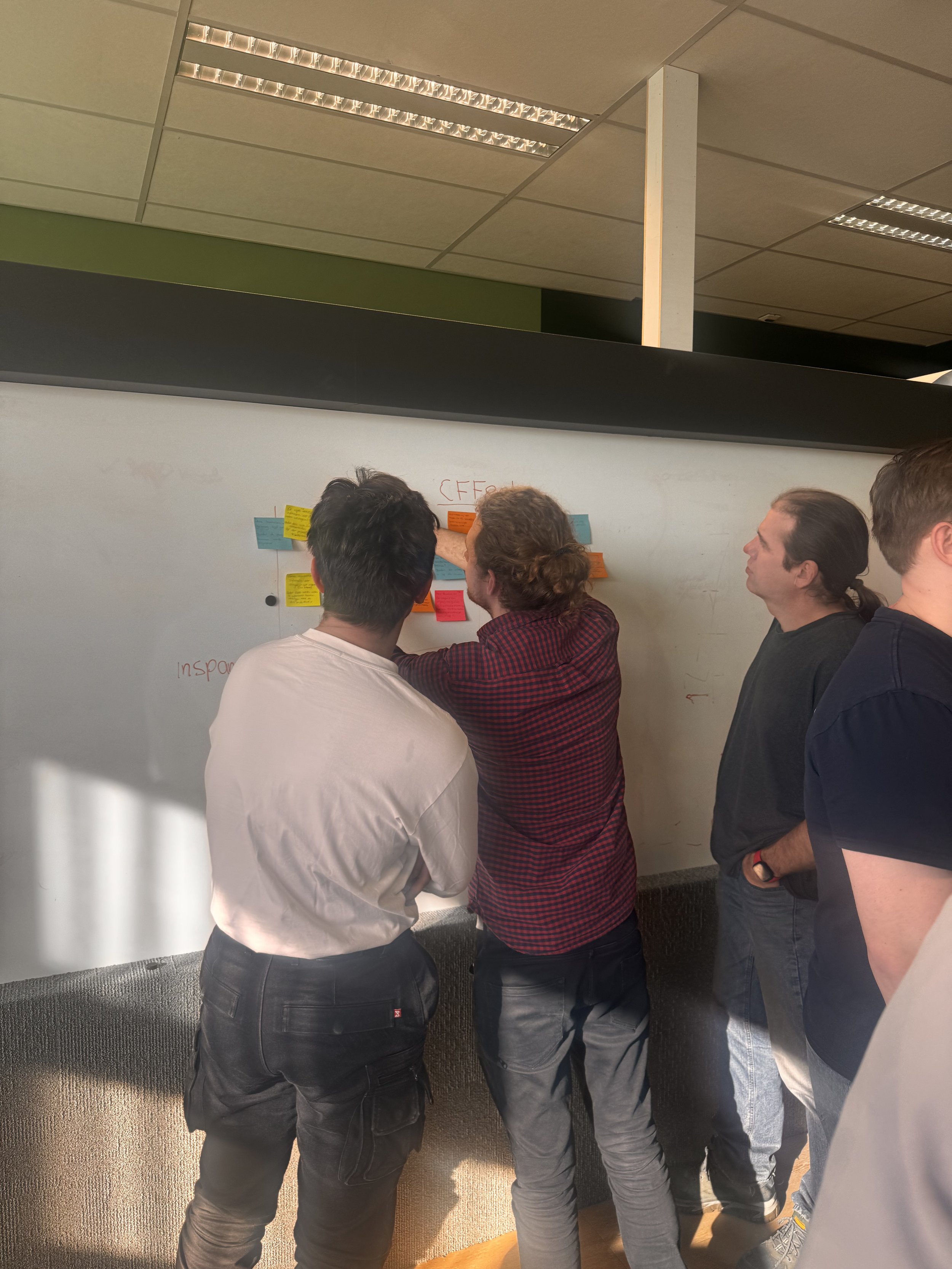 Deelnemers ordenen ideeën met post-its tijdens een Stagesprint