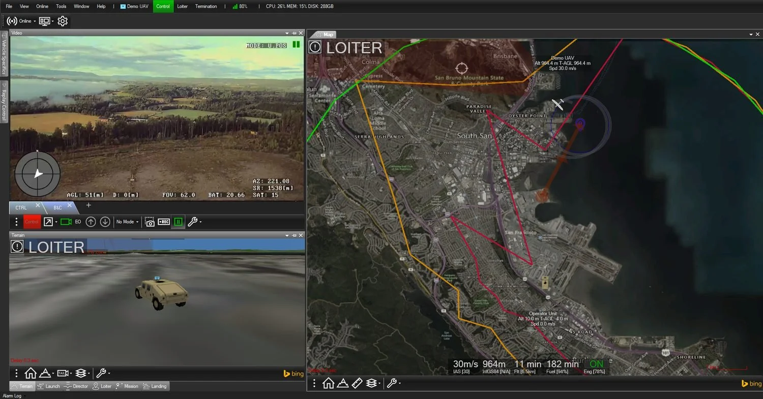 Screenshot of the SkyView ground control station software showing a mission planning map and drone telemetry.