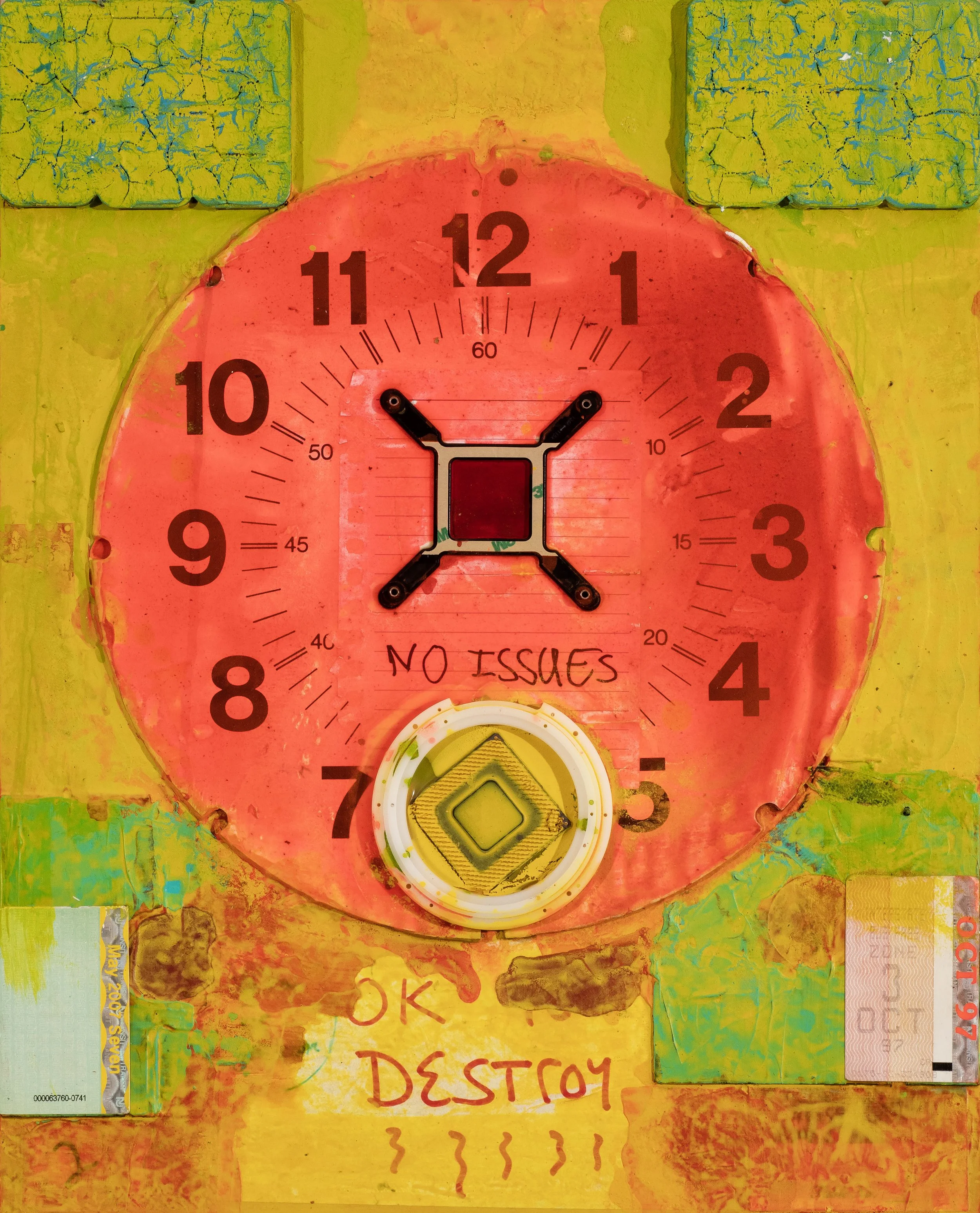 B48 mixed-media painting by Anthony Scarzafava featuring a red industrial time-clock face against a yellow-green background